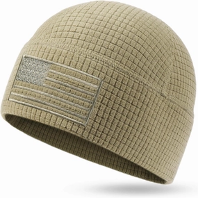 OUTDOOR SHAPING Grid Fleece Beanie with American Flag Embroidery Waffle Tactical Army Military Skull Cap