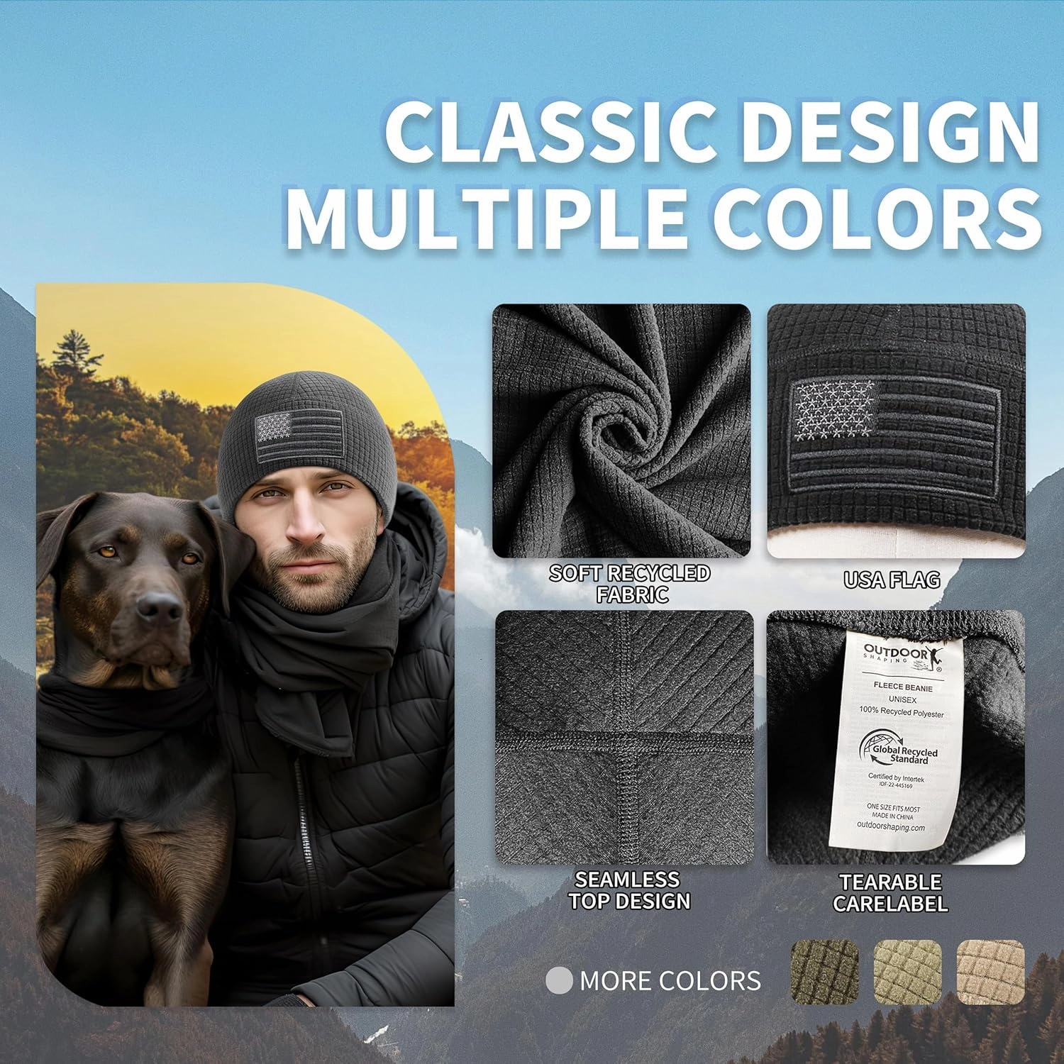 OUTDOOR SHAPING Grid Fleece Beanie with American Flag Embroidery Waffle Tactical Army Military Skull Cap