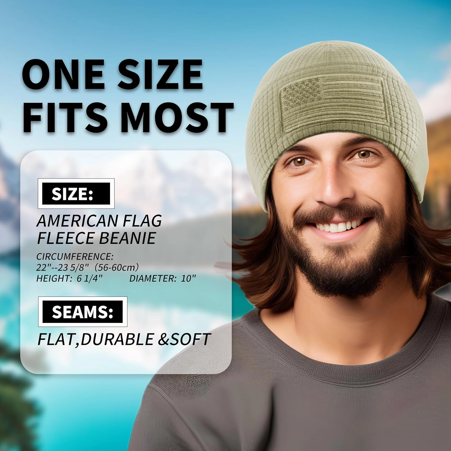 OUTDOOR SHAPING Grid Fleece Beanie with American Flag Embroidery Waffle Tactical Army Military Skull Cap