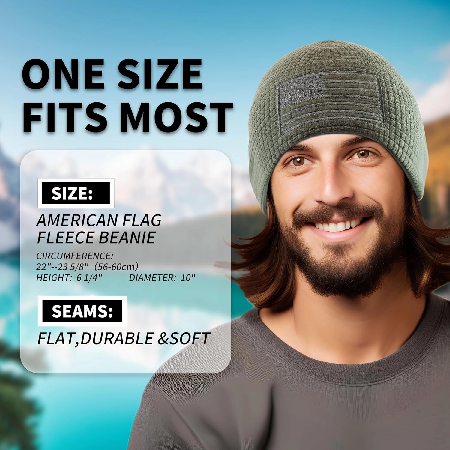 OUTDOOR SHAPING Grid Fleece Beanie with American Flag Embroidery Waffle Tactical Army Military Skull Cap