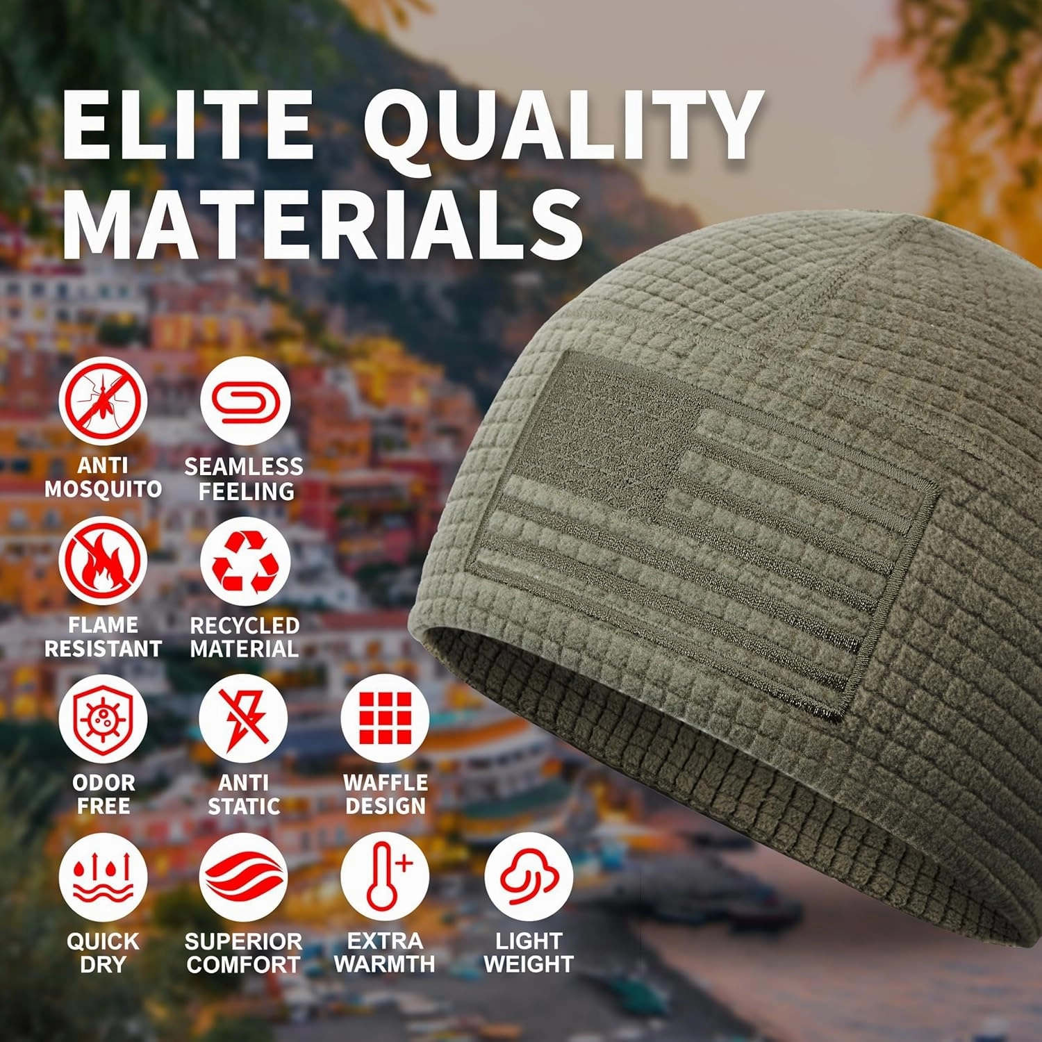 OUTDOOR SHAPING Grid Fleece Beanie with American Flag Embroidery Waffle Tactical Army Military Skull Cap