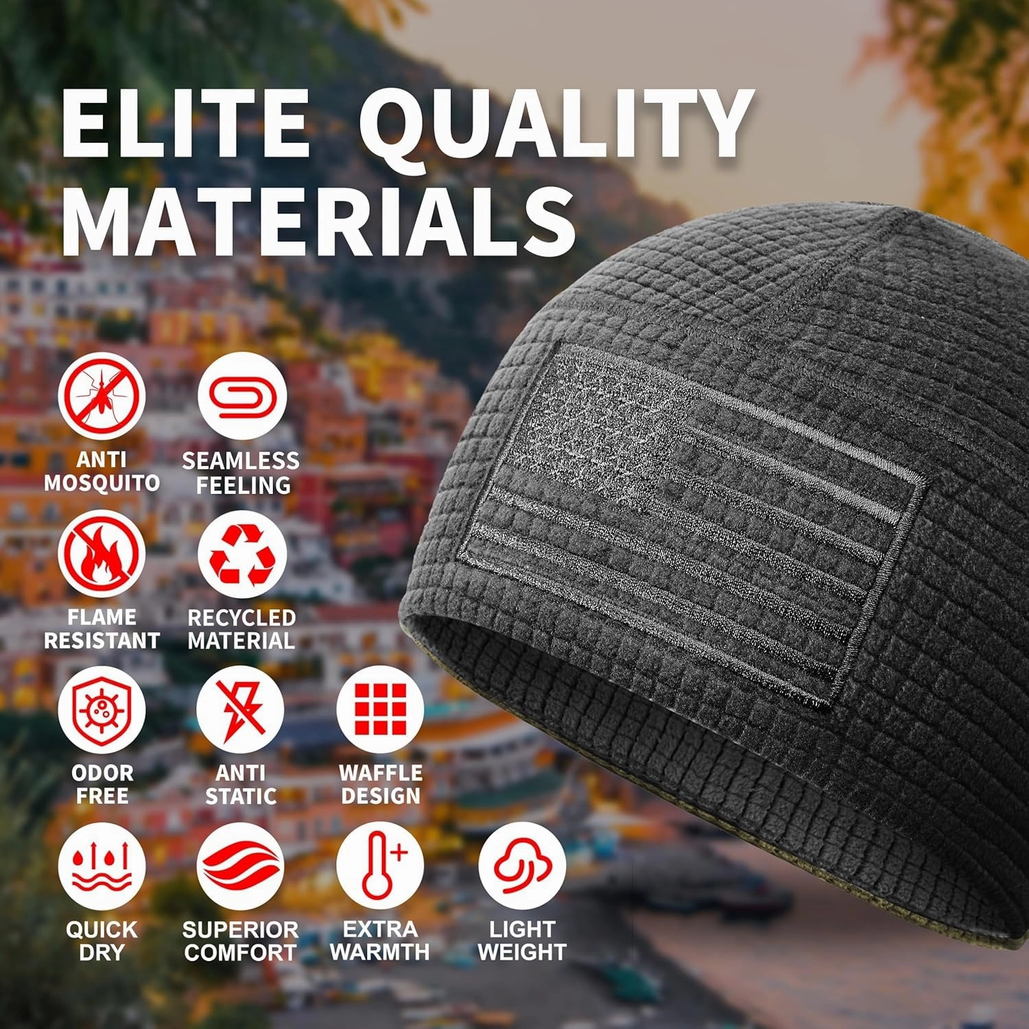 OUTDOOR SHAPING Grid Fleece Beanie with American Flag Embroidery Waffle Tactical Army Military Skull Cap