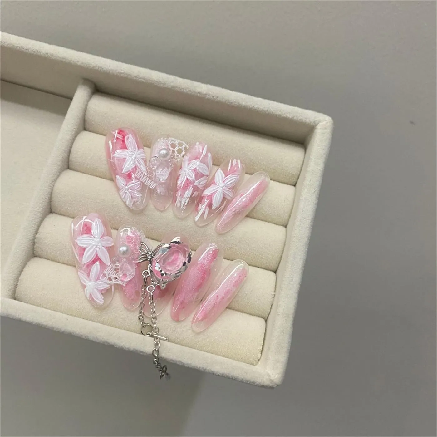 Oval Long Handmade Press on Nails Creative Flowers Nail Art Decoration Sweet Pink Blush Manicure for Women and Girls 10PCS (Y025-M)