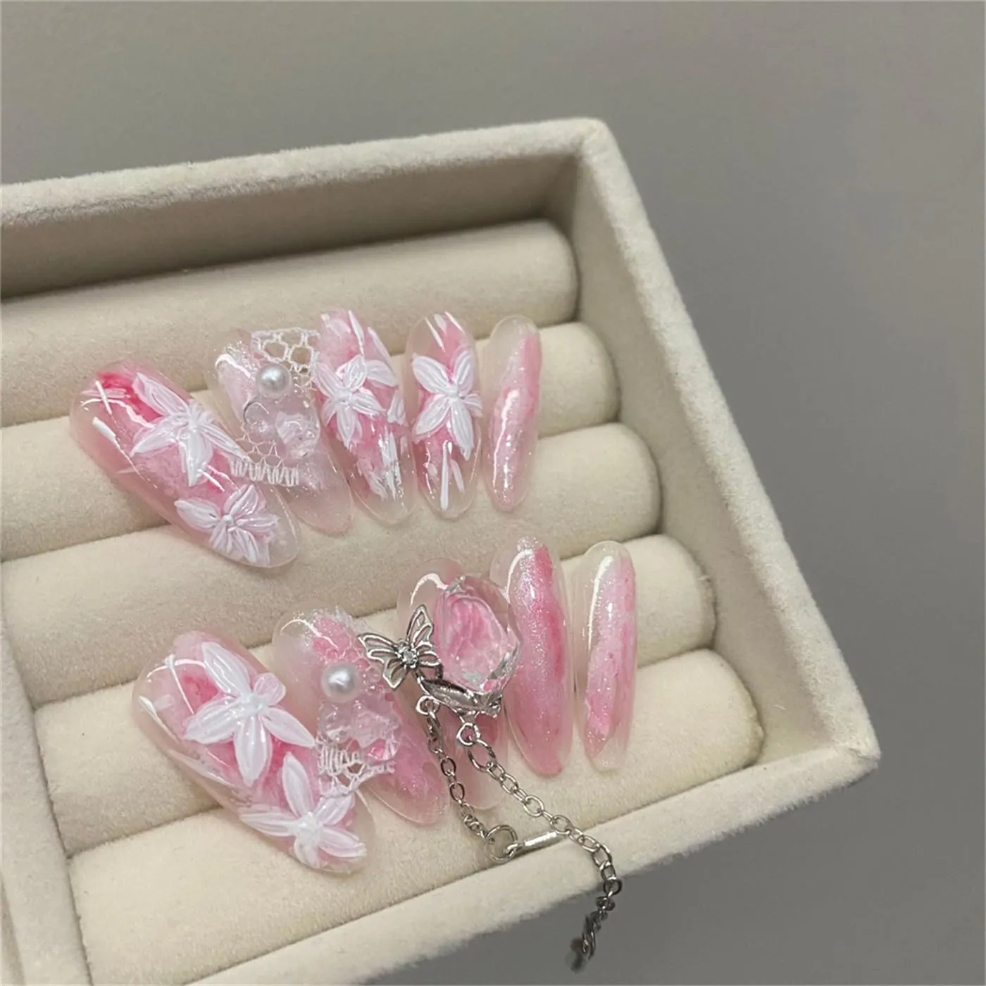 Oval Long Handmade Press on Nails Creative Flowers Nail Art Decoration Sweet Pink Blush Manicure for Women and Girls 10PCS (Y025-M)