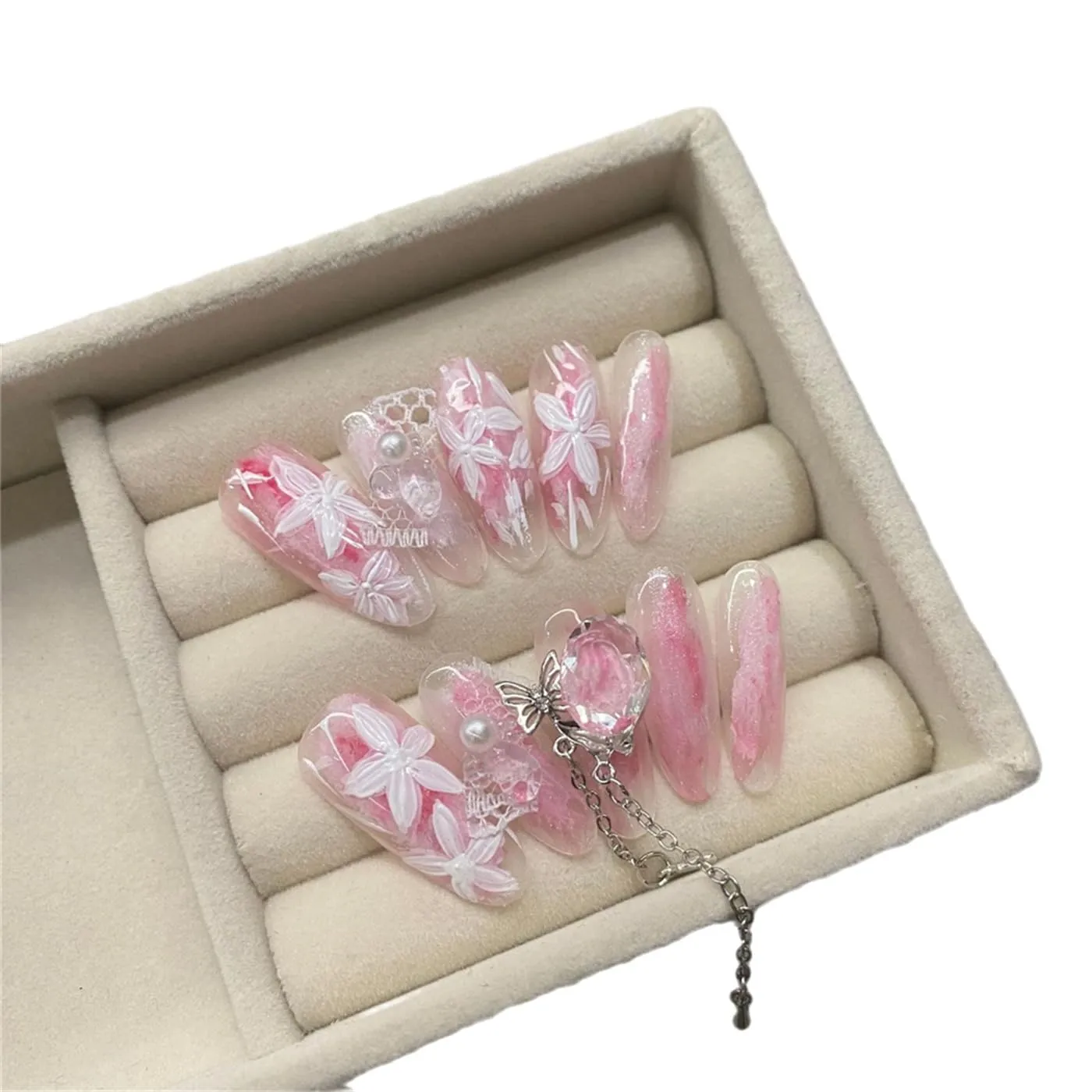 Oval Long Handmade Press on Nails Creative Flowers Nail Art Decoration Sweet Pink Blush Manicure for Women and Girls 10PCS (Y025-M)