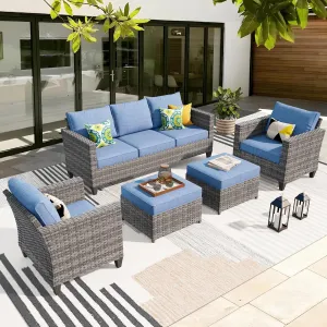 ovios Patio Furniture Set, 5 Pieces Outdoor Wicker Rattan Sofa Couch with Chairs, Ottomans and Comfy Cushions, All Weather High Back Conversation Set Garden Backyard, Denim Blue