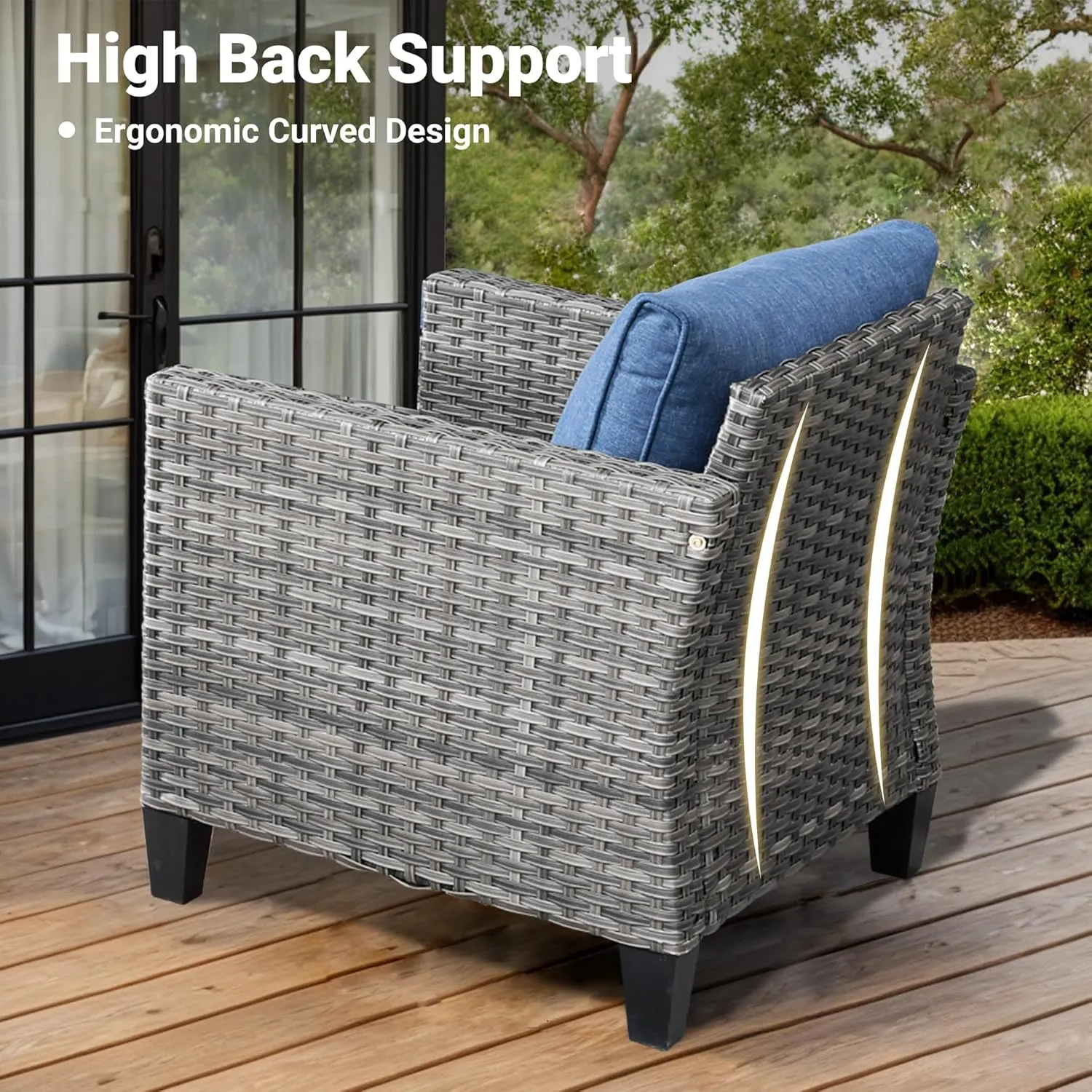 ovios Patio Furniture Set, 5 Pieces Outdoor Wicker Rattan Sofa Couch with Chairs, Ottomans and Comfy Cushions, All Weather High Back Conversation Set Garden Backyard, Denim Blue