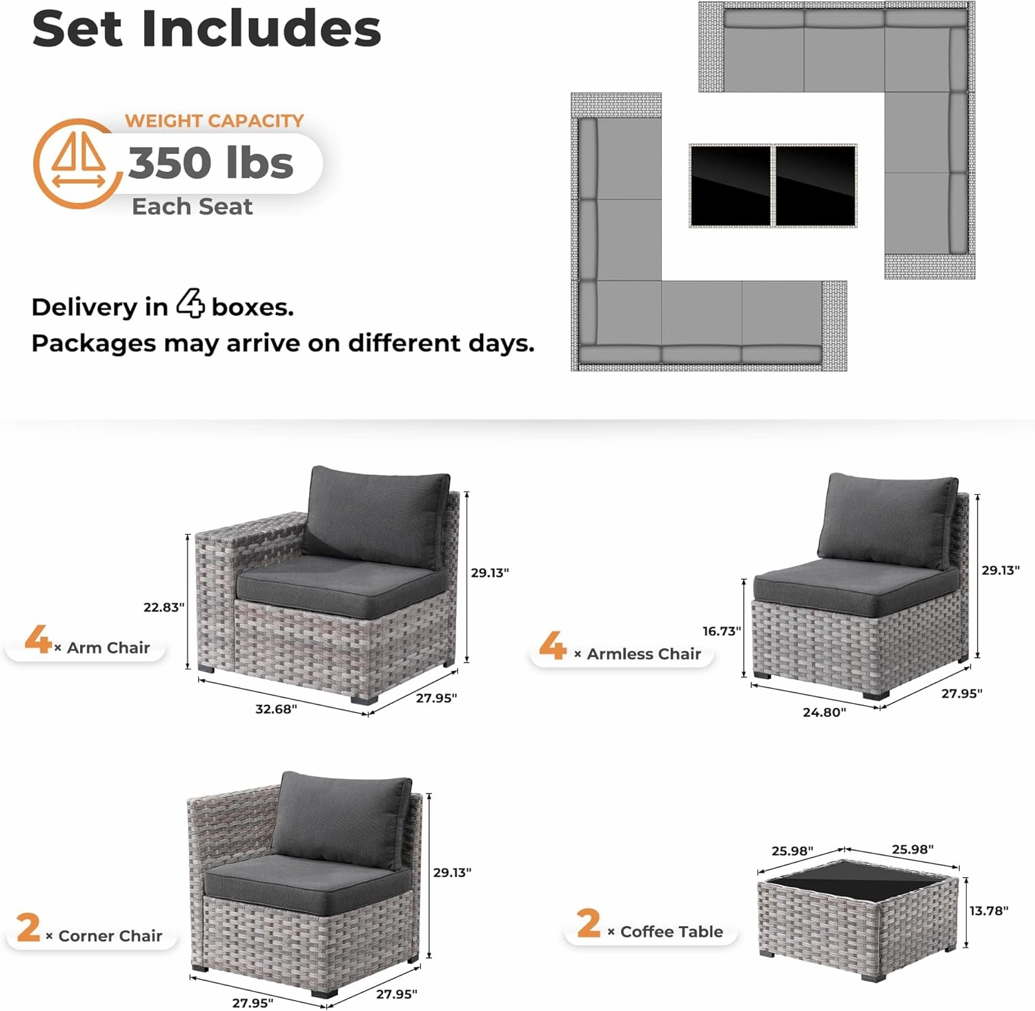 ovios 12 Pieces Patio Furniture Set, Outdoor Wicker Sectional Sofa with Coffee Table Comfy Cushions, Modern Modular Deep Seat Rattan Couch Conversation Set, Black