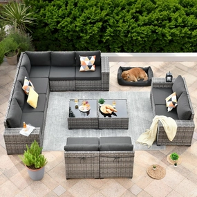 ovios 12 Pieces Patio Furniture Set, Outdoor Wicker Sectional Sofa with Coffee Table Comfy Cushions, Modern Modular Deep Seat Rattan Couch Conversation Set, Black