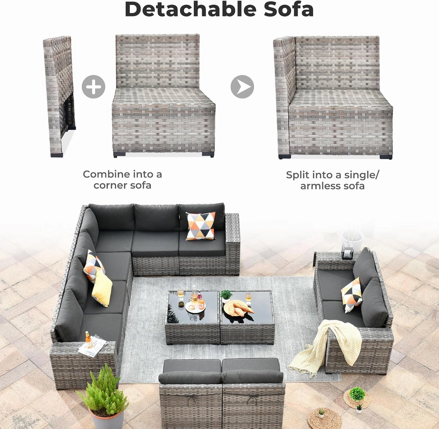ovios 12 Pieces Patio Furniture Set, Outdoor Wicker Sectional Sofa with Coffee Table Comfy Cushions, Modern Modular Deep Seat Rattan Couch Conversation Set, Black