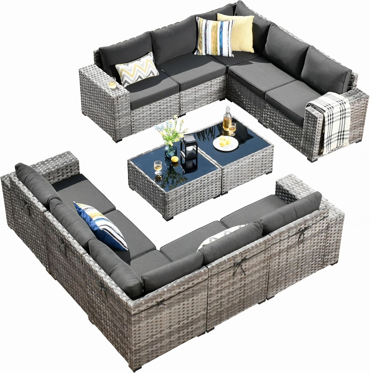 ovios 12 Pieces Patio Furniture Set, Outdoor Wicker Sectional Sofa with Coffee Table Comfy Cushions, Modern Modular Deep Seat Rattan Couch Conversation Set, Black