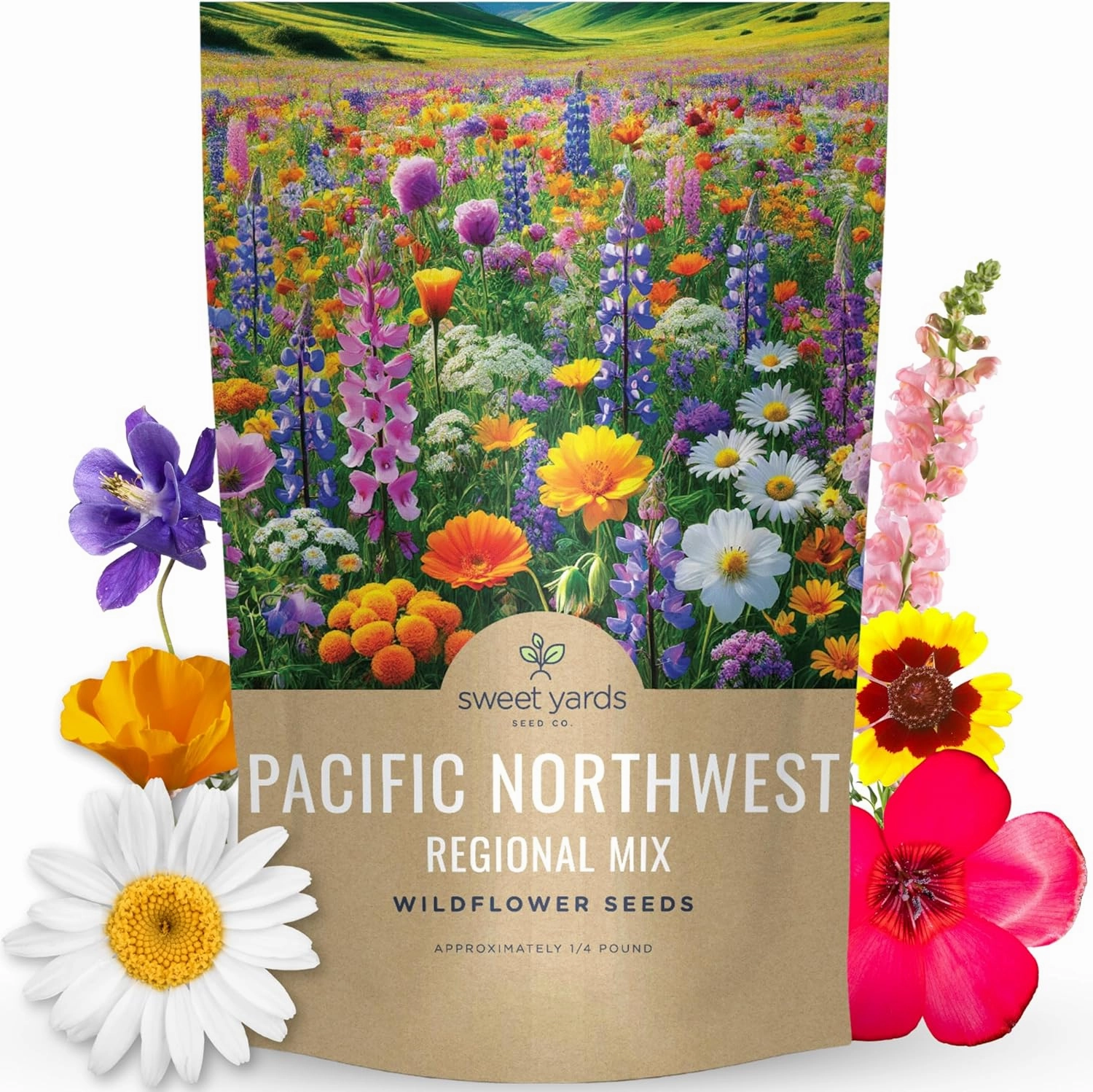 Pacific Northwest Regional Mix - Bulk 1/4 Pound Pouch - 96,000 Flower Seeds for Planting - Wildflower Mix