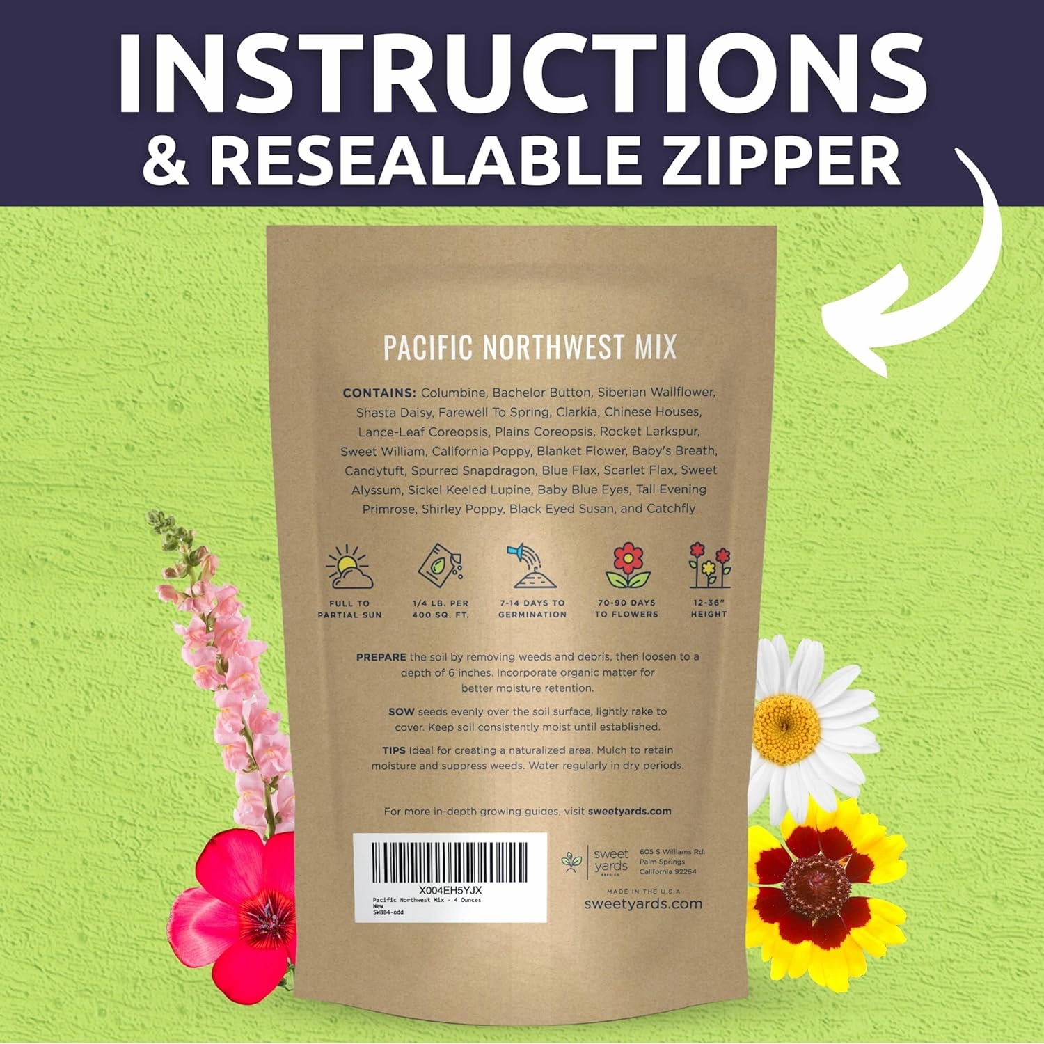Pacific Northwest Regional Mix - Bulk 1/4 Pound Pouch - 96,000 Flower Seeds for Planting - Wildflower Mix