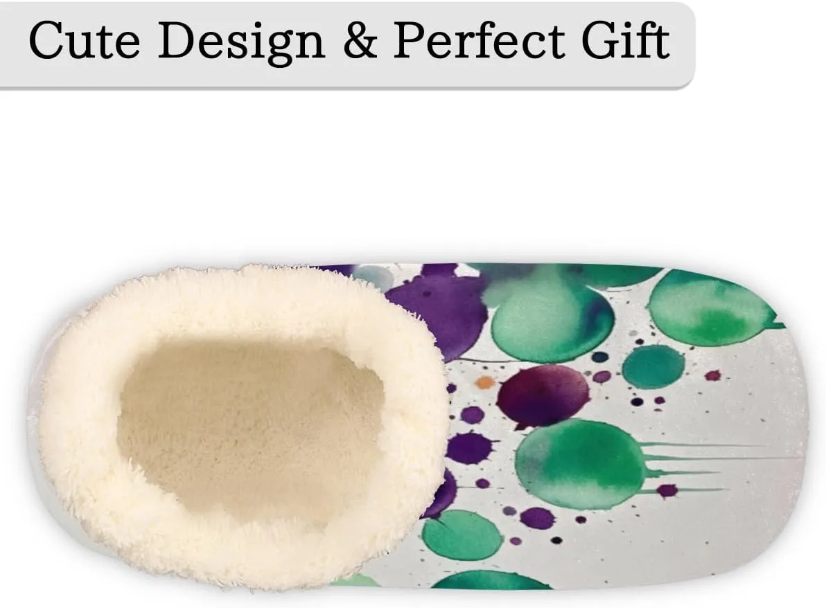 Pardick Fuzzy House Slippers for Women Men, Multi Color Dots Anti-Slip Fleece Lined Shoes, Home Bedroom Indoor Slippers with Plush Lining, Watercolor Warm Slippers