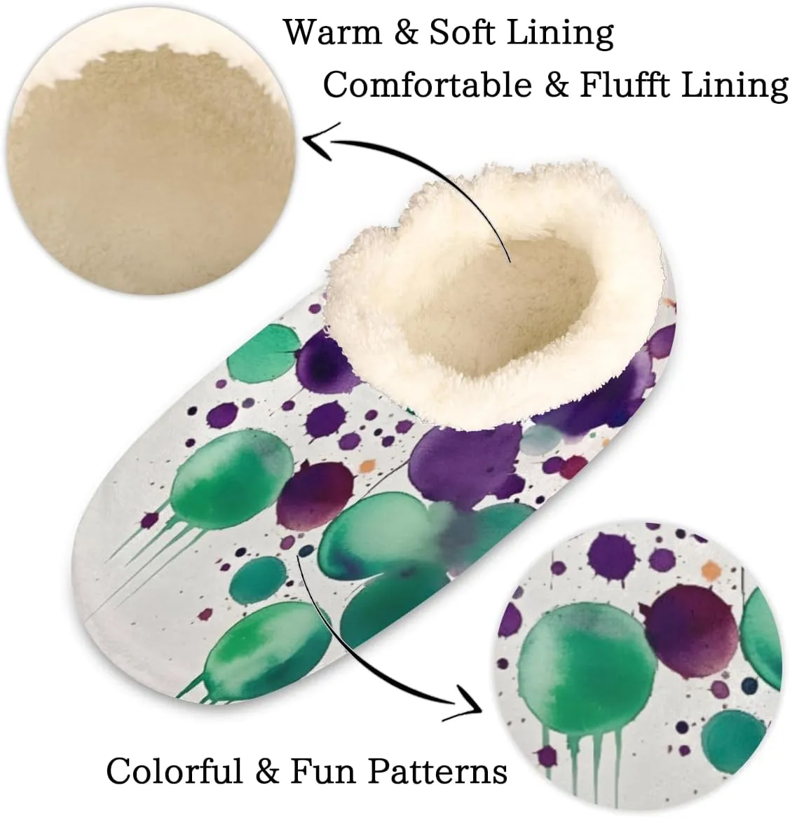Pardick Fuzzy House Slippers for Women Men, Multi Color Dots Anti-Slip Fleece Lined Shoes, Home Bedroom Indoor Slippers with Plush Lining, Watercolor Warm Slippers