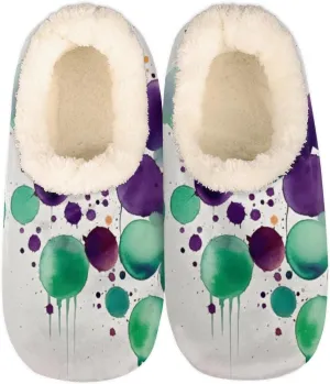 Pardick Fuzzy House Slippers for Women Men, Multi Color Dots Anti-Slip Fleece Lined Shoes, Home Bedroom Indoor Slippers with Plush Lining, Watercolor Warm Slippers