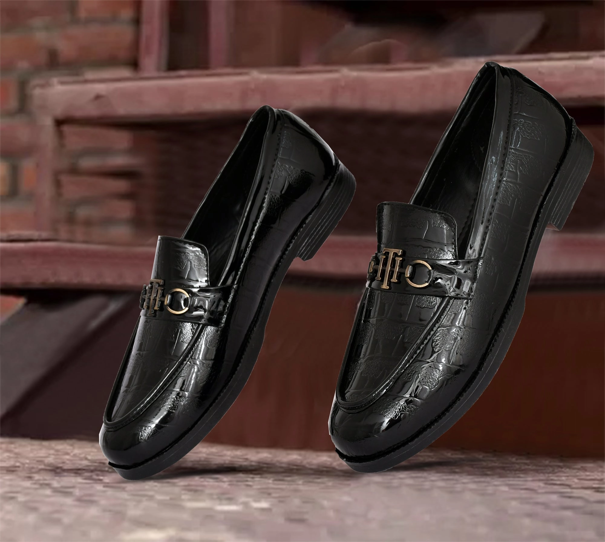 Partywear Shiny Slip-ons for Men with Woven Block Pattern | Black