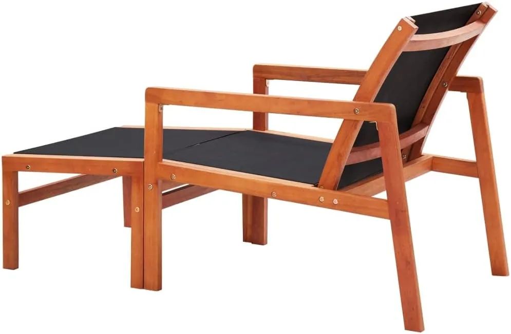 Patio Chair with Footrest Solid Wood Eucalyptus and Textilene Black Outdoor Lounge Chair for Garden Deck Backyard