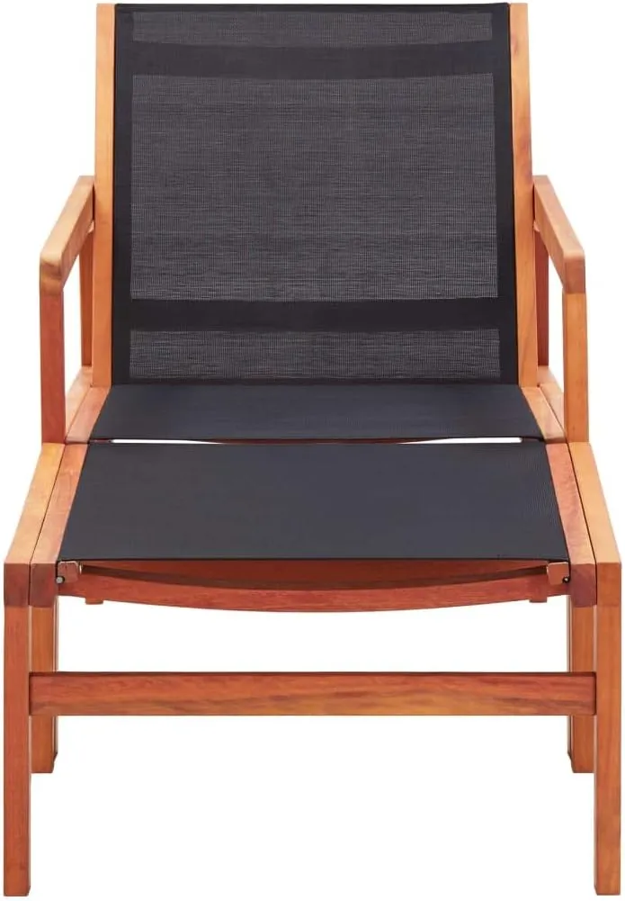 Patio Chair with Footrest Solid Wood Eucalyptus and Textilene Black Outdoor Lounge Chair for Garden Deck Backyard