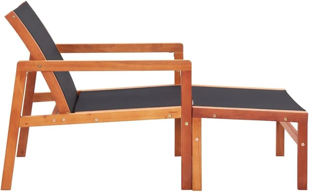 Patio Chair with Footrest Solid Wood Eucalyptus and Textilene Black Outdoor Lounge Chair for Garden Deck Backyard