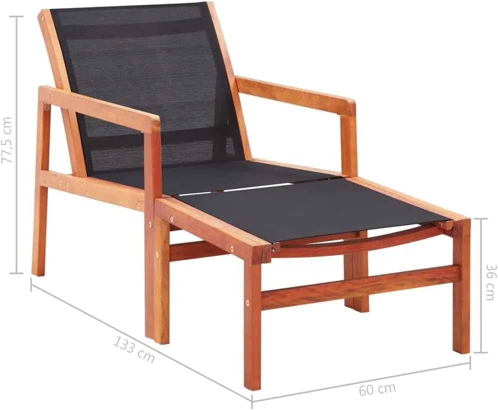 Patio Chair with Footrest Solid Wood Eucalyptus and Textilene Black Outdoor Lounge Chair for Garden Deck Backyard