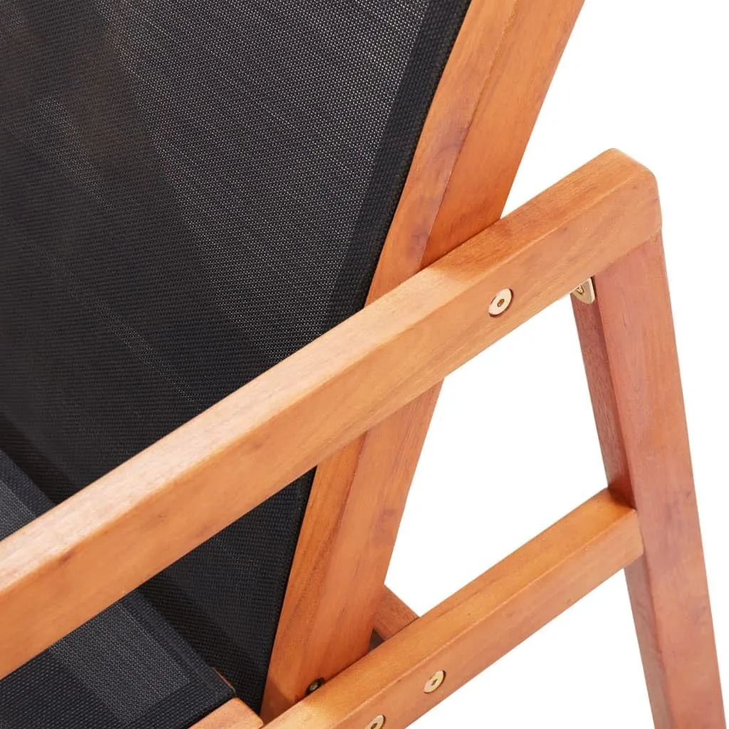 Patio Chair with Footrest Solid Wood Eucalyptus and Textilene Black Outdoor Lounge Chair for Garden Deck Backyard