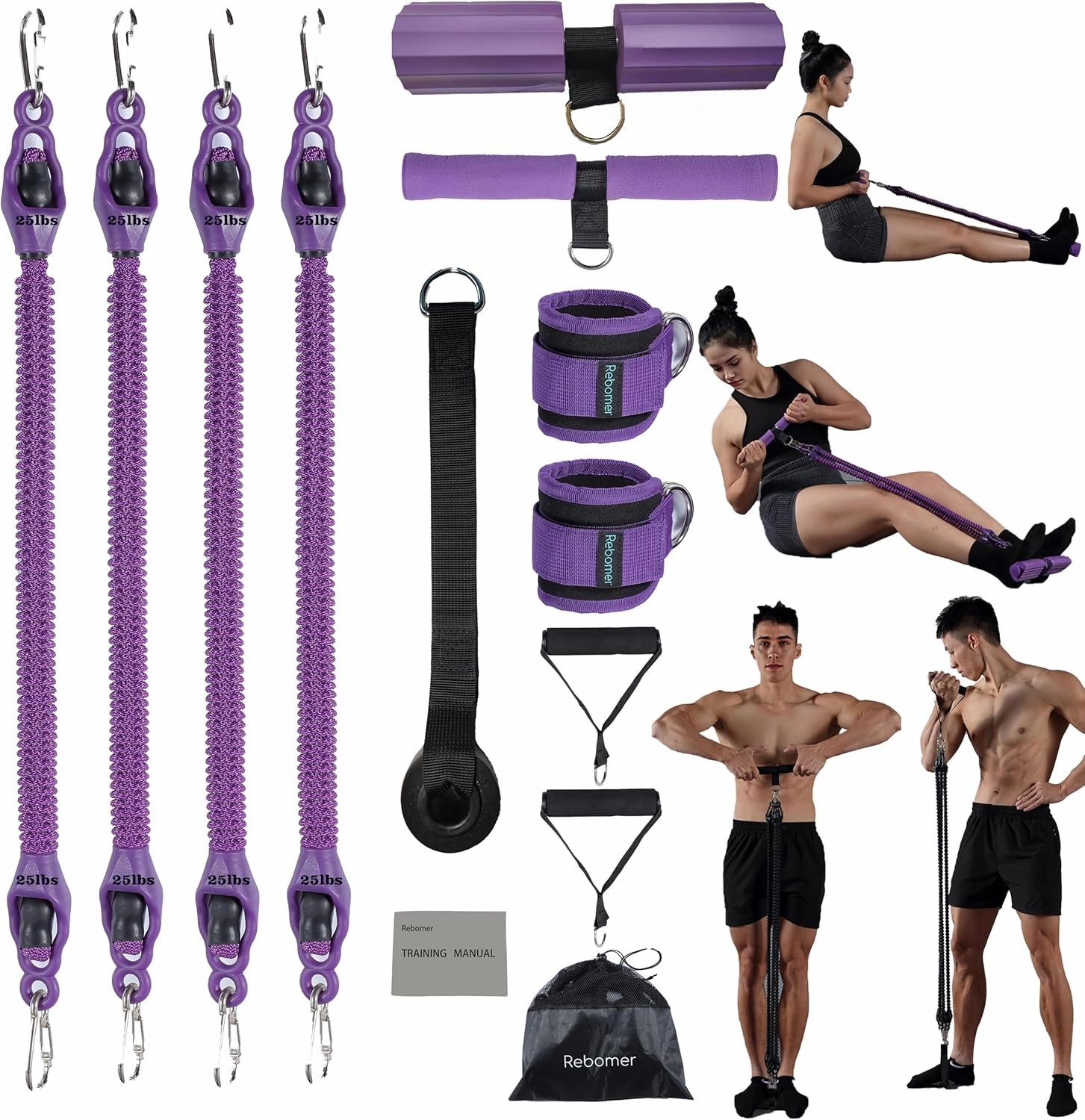 Pedal Resistance Band, Rebomer Exercise Band Home Fitness Band for Working Out, 4-Tube Elastic Sit Up Pull Rope for Men Women, Multifunction Tension Rope for Strength Training/Yoga with 2 Ankle Straps