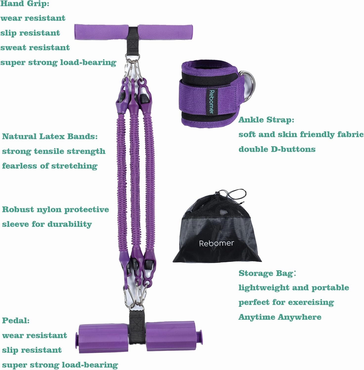 Pedal Resistance Band, Rebomer Exercise Band Home Fitness Band for Working Out, 4-Tube Elastic Sit Up Pull Rope for Men Women, Multifunction Tension Rope for Strength Training/Yoga with 2 Ankle Straps