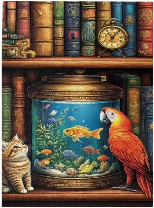 Pet Puzzle 500 Pieces, Wooden Puzzles For Adults, Cat And Parrot In Front Of Fish Tank, Vibrant And Unique, Creative Entertainment Game, Challenging Brain Exercise, Enjoy The Process