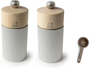 Peugeot Line Manual Salt & Pepper Mills Gift Set, alu, 12 cm - 4.75" Natural Wood - With Wooden Spice Scoop