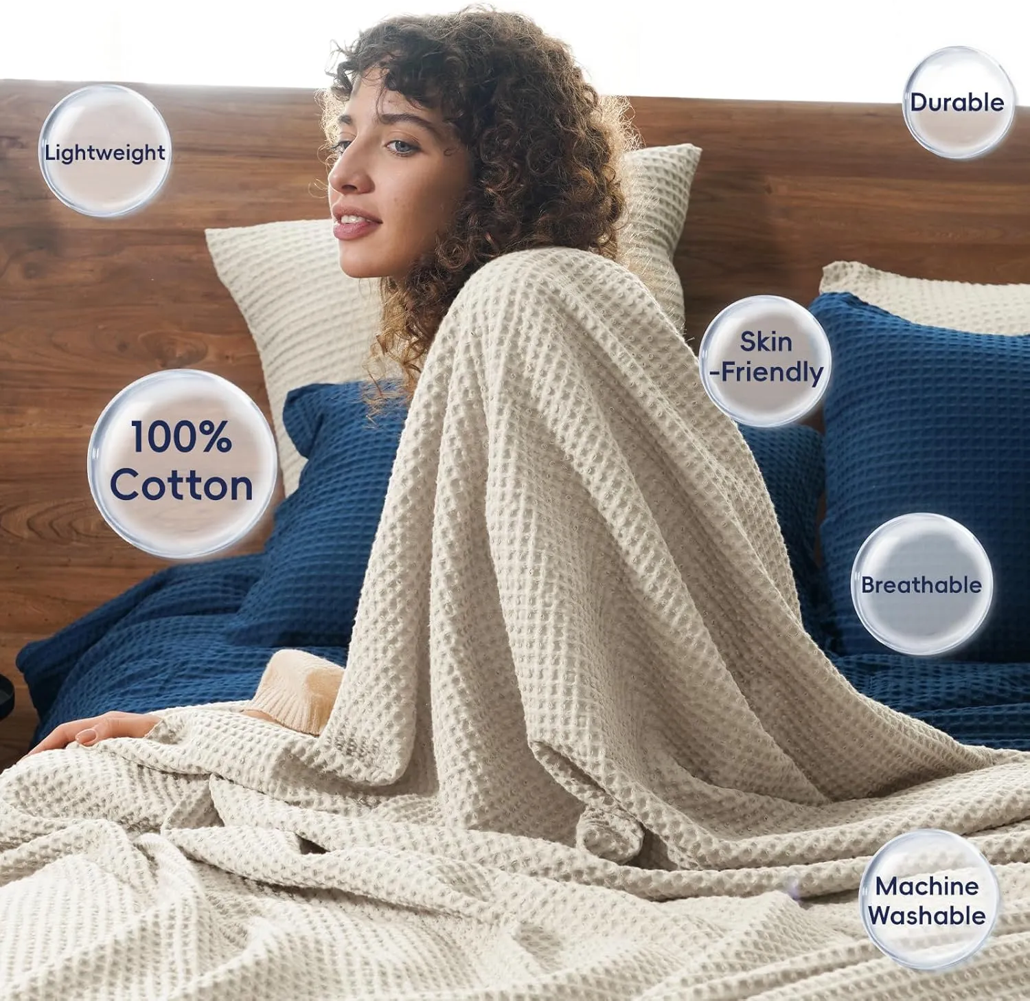 PHF Pre-Washed Cotton Waffle Weave Blanket Queen Size for Bed,Snag Proof Lightweight Breathable Throw for Couch Spring Summer, Oeko-TEX Certified,Machine Washable, Home Decor Gift-Linen/Stone