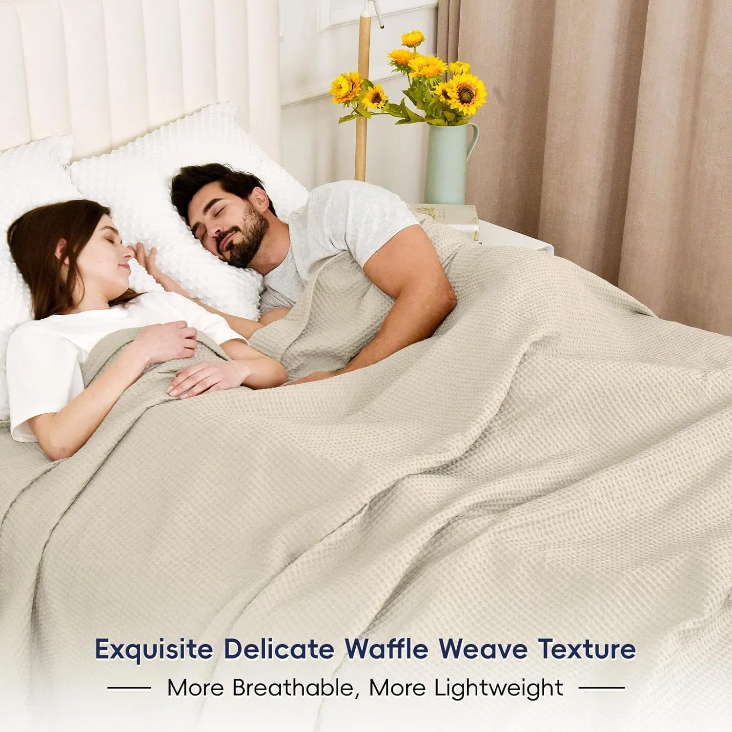 PHF Pre-Washed Cotton Waffle Weave Blanket Queen Size for Bed,Snag Proof Lightweight Breathable Throw for Couch Spring Summer, Oeko-TEX Certified,Machine Washable, Home Decor Gift-Linen/Stone
