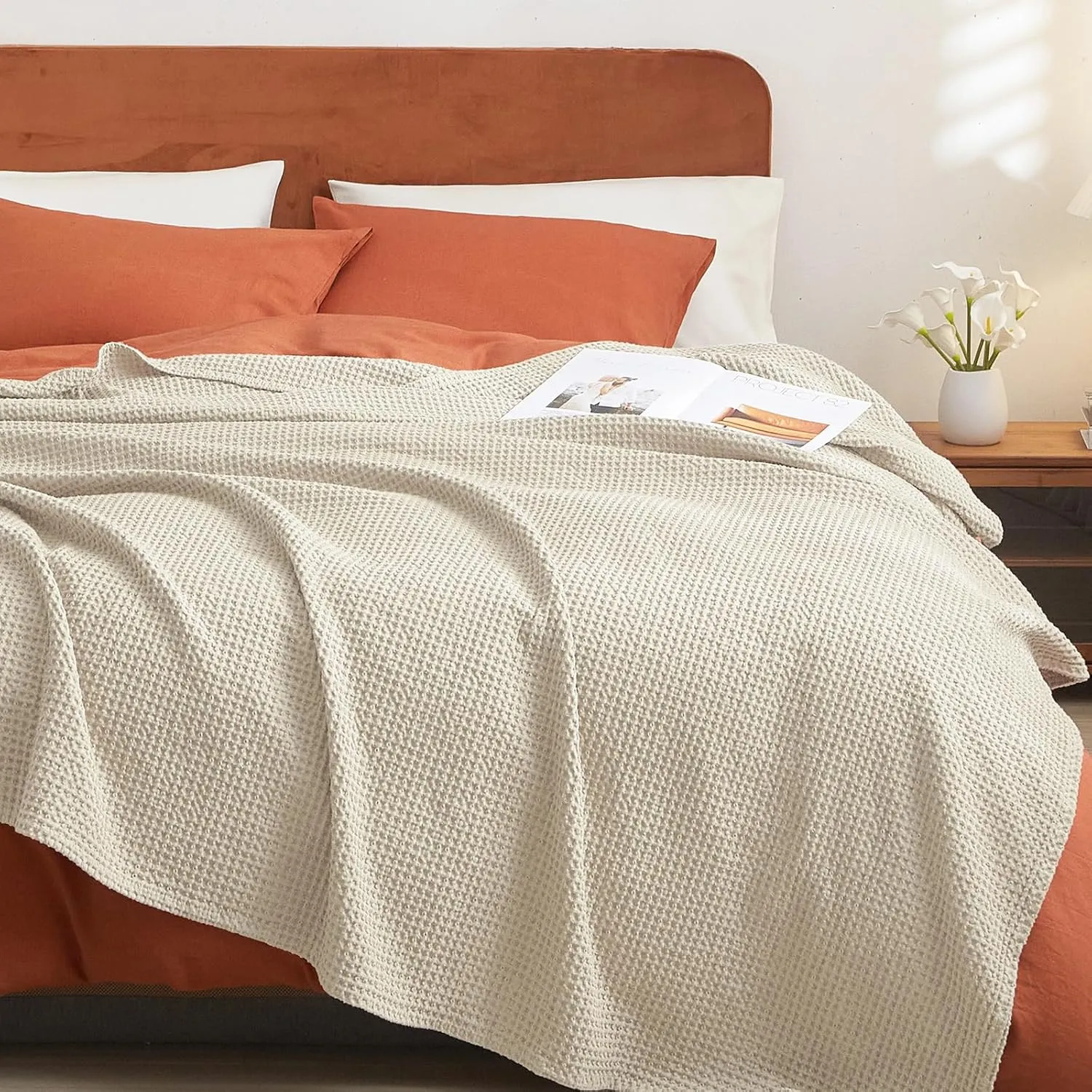 PHF Pre-Washed Cotton Waffle Weave Blanket Queen Size for Bed,Snag Proof Lightweight Breathable Throw for Couch Spring Summer, Oeko-TEX Certified,Machine Washable, Home Decor Gift-Linen/Stone