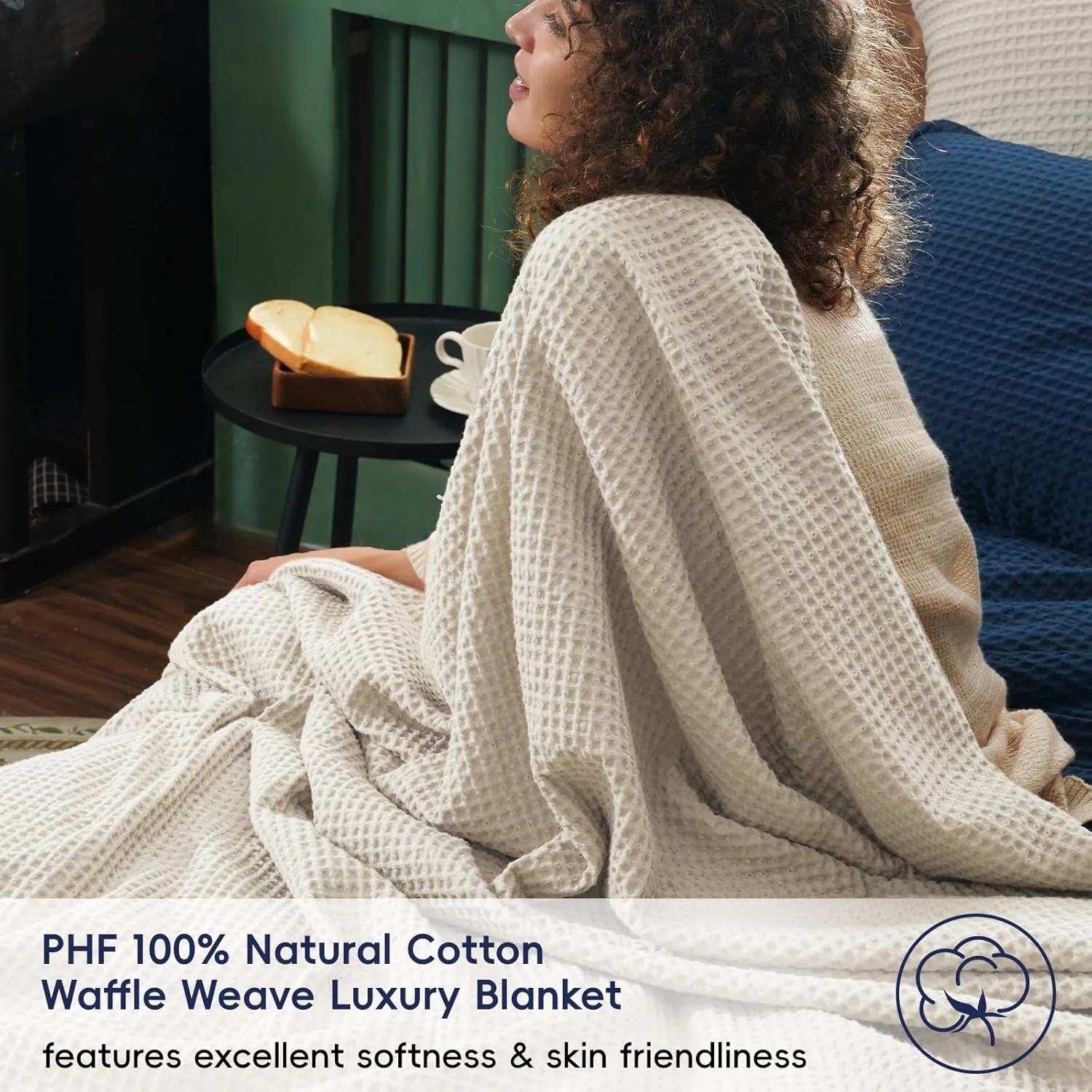 PHF Pre-Washed Cotton Waffle Weave Blanket Queen Size for Bed,Snag Proof Lightweight Breathable Throw for Couch Spring Summer, Oeko-TEX Certified,Machine Washable, Home Decor Gift-Linen/Stone