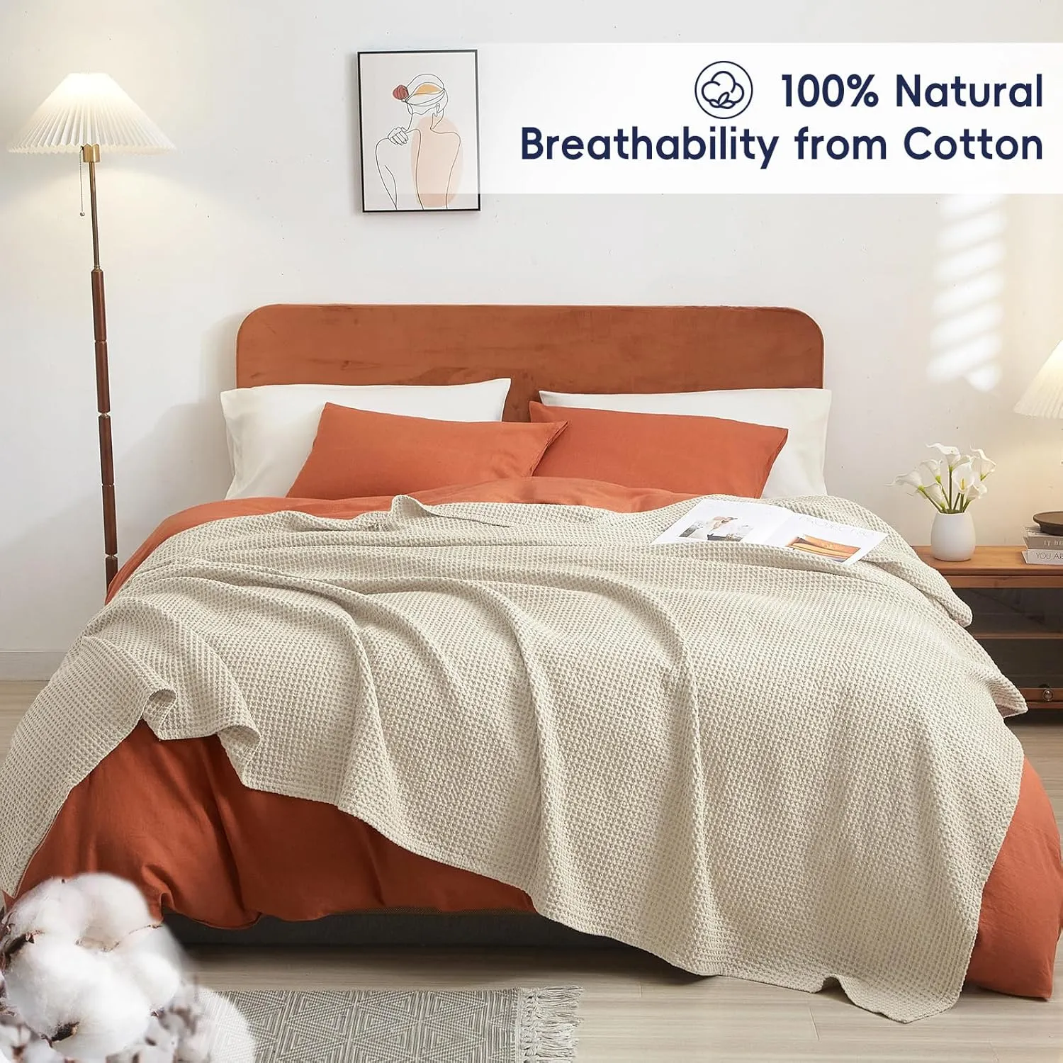 PHF Pre-Washed Cotton Waffle Weave Blanket Queen Size for Bed,Snag Proof Lightweight Breathable Throw for Couch Spring Summer, Oeko-TEX Certified,Machine Washable, Home Decor Gift-Linen/Stone