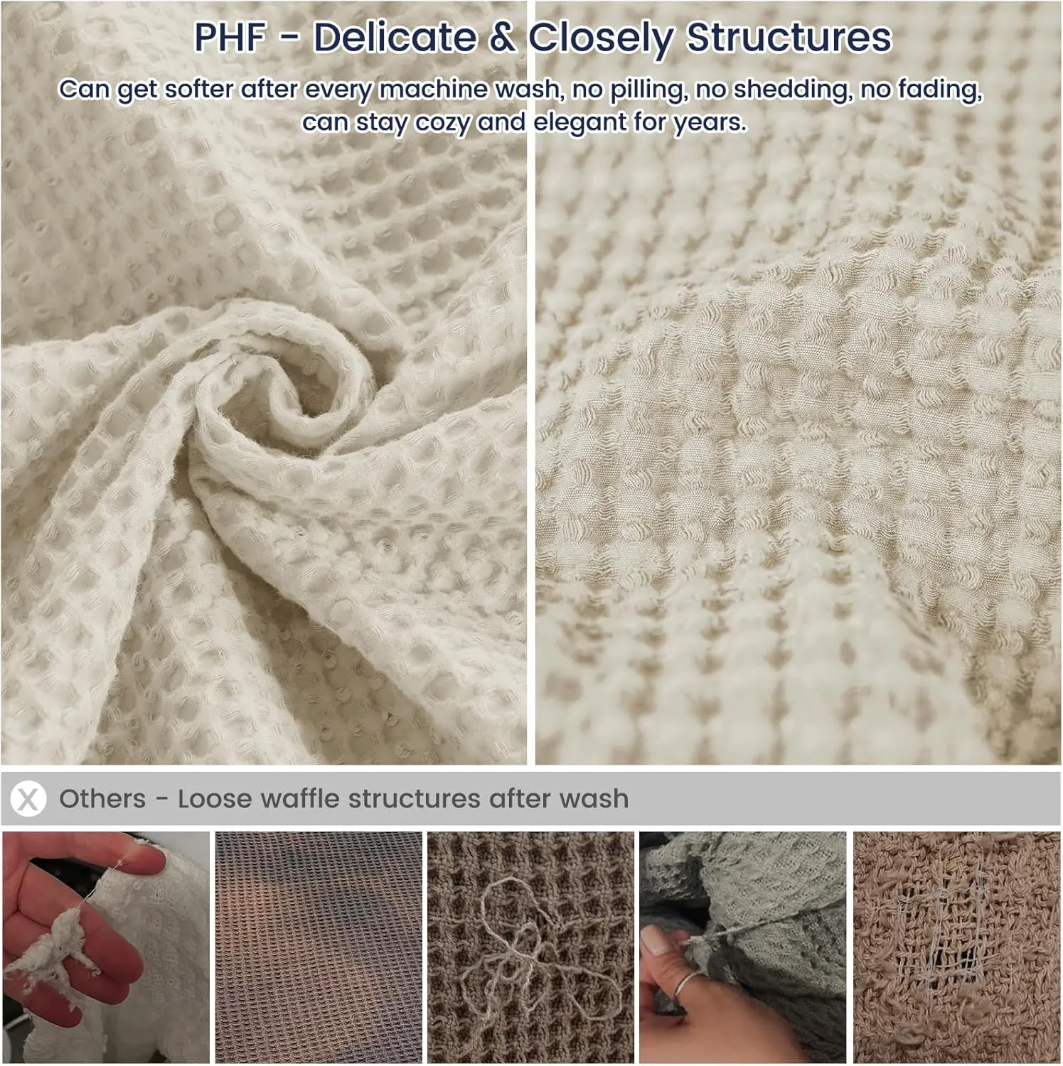 PHF Pre-Washed Cotton Waffle Weave Blanket Queen Size for Bed,Snag Proof Lightweight Breathable Throw for Couch Spring Summer, Oeko-TEX Certified,Machine Washable, Home Decor Gift-Linen/Stone