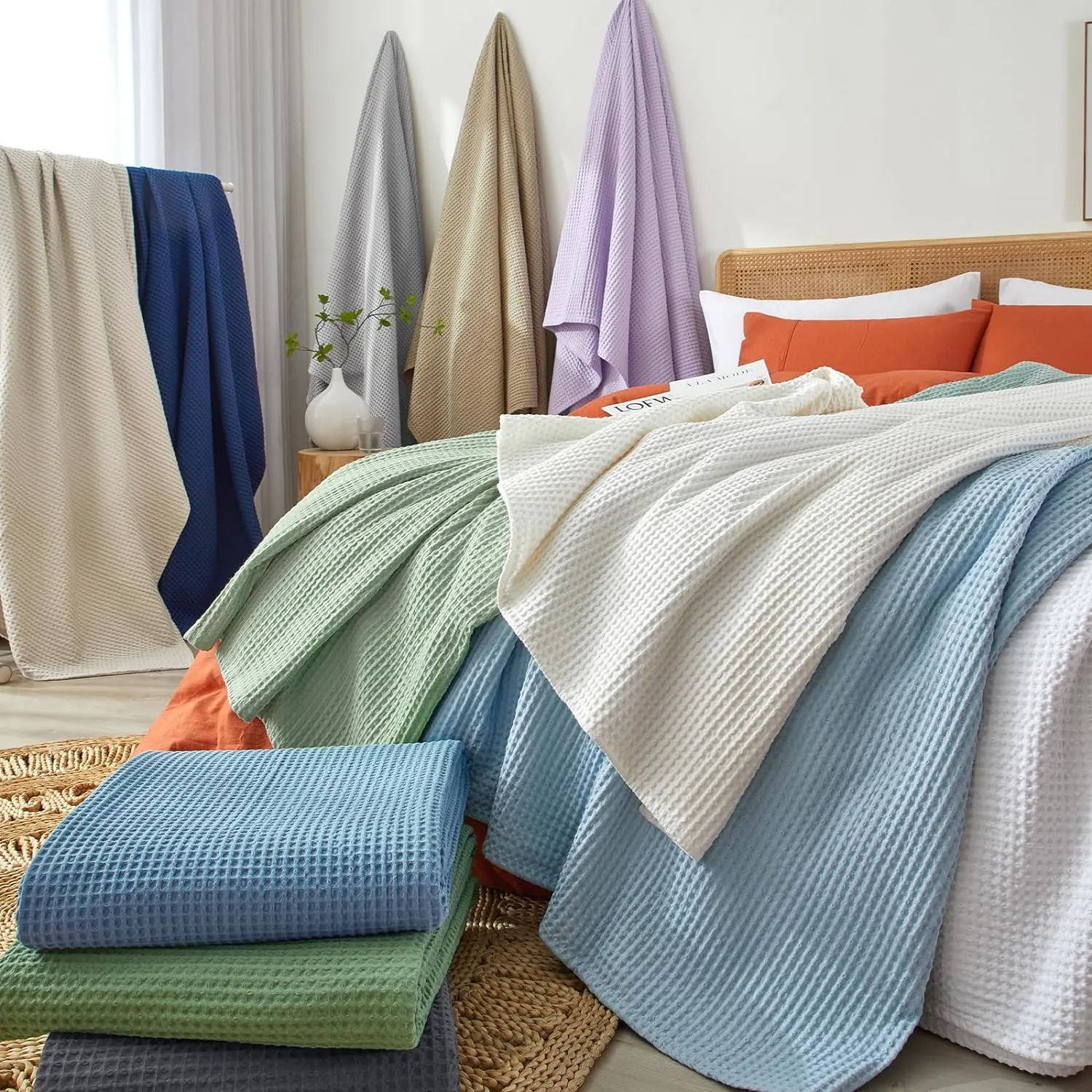 PHF Pre-Washed Cotton Waffle Weave Blanket Queen Size for Bed,Snag Proof Lightweight Breathable Throw for Couch Spring Summer, Oeko-TEX Certified,Machine Washable, Home Decor Gift-Linen/Stone