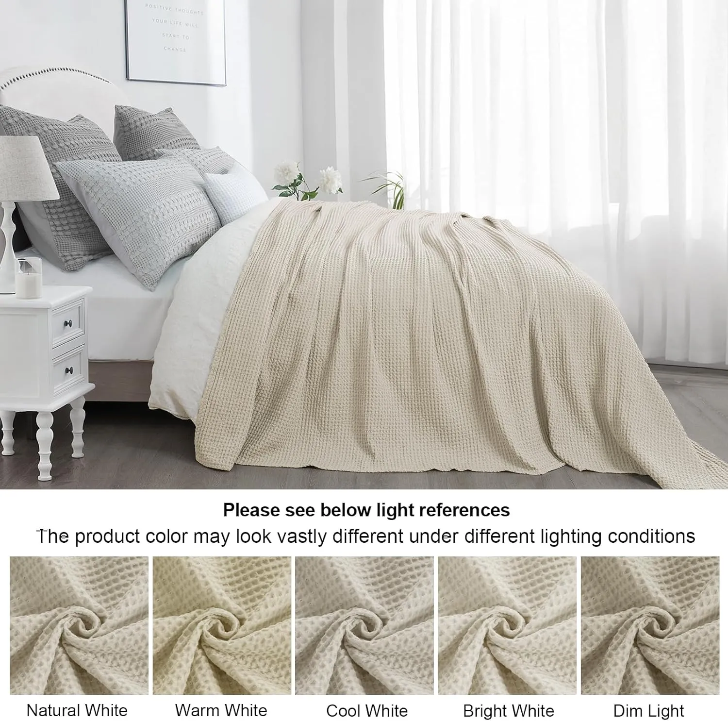 PHF Pre-Washed Cotton Waffle Weave Blanket Queen Size for Bed,Snag Proof Lightweight Breathable Throw for Couch Spring Summer, Oeko-TEX Certified,Machine Washable, Home Decor Gift-Linen/Stone