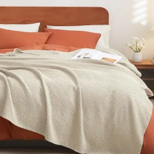 PHF Pre-Washed Cotton Waffle Weave Blanket Queen Size for Bed,Snag Proof Lightweight Breathable Throw for Couch Spring Summer, Oeko-TEX Certified,Machine Washable, Home Decor Gift-Linen/Stone