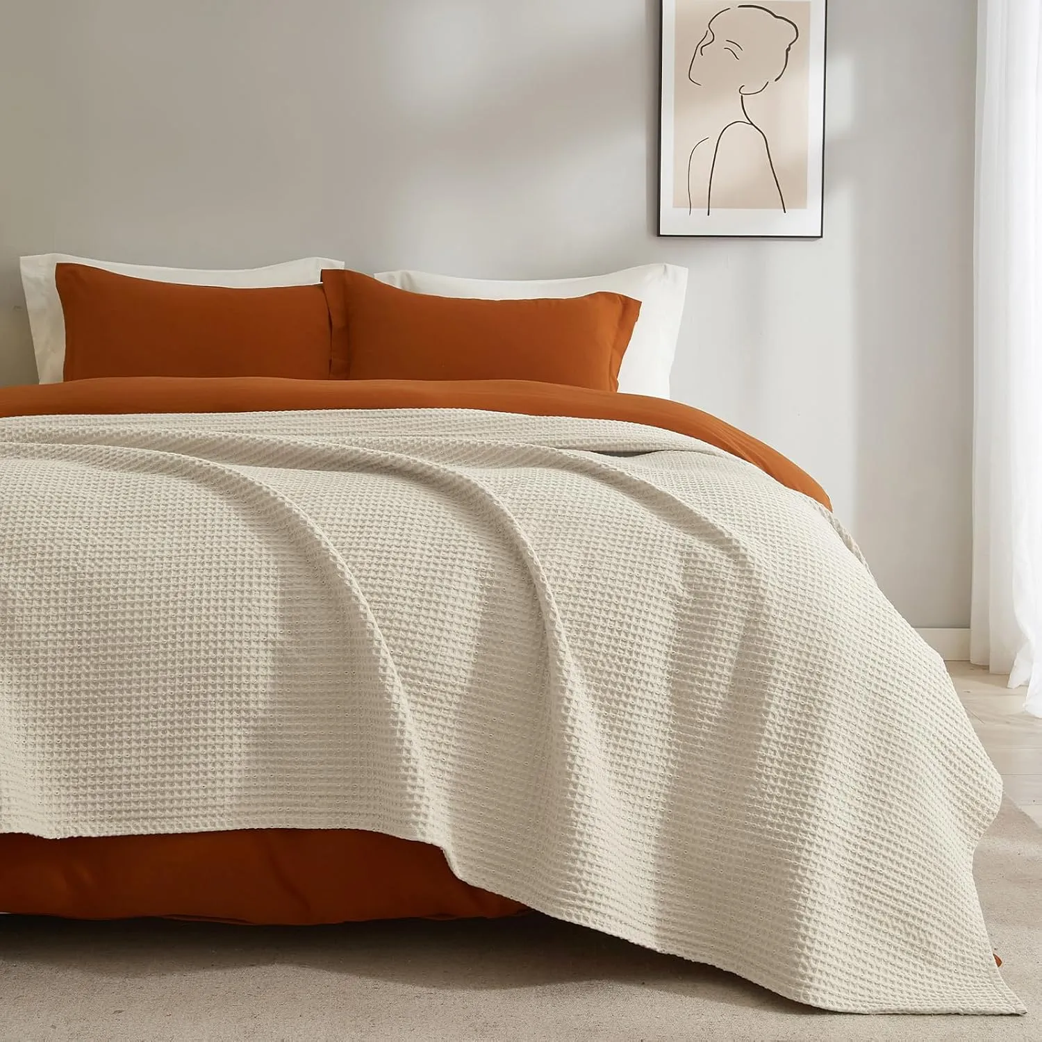 PHF Pre-Washed Cotton Waffle Weave Blanket Queen Size for Bed,Snag Proof Lightweight Breathable Throw for Couch Spring Summer, Oeko-TEX Certified,Machine Washable, Home Decor Gift-Linen/Stone