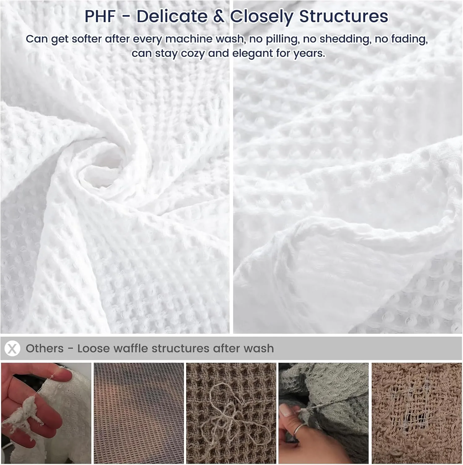 PHF Pre-Washed Cotton Waffle Weave Blanket Queen Size for Bed,Snag Proof Throw Blanket for Couch Spring Summer Lightweight Breathable,Oeko-TEX Certified,Machine Washable, Home Decor Gift-White