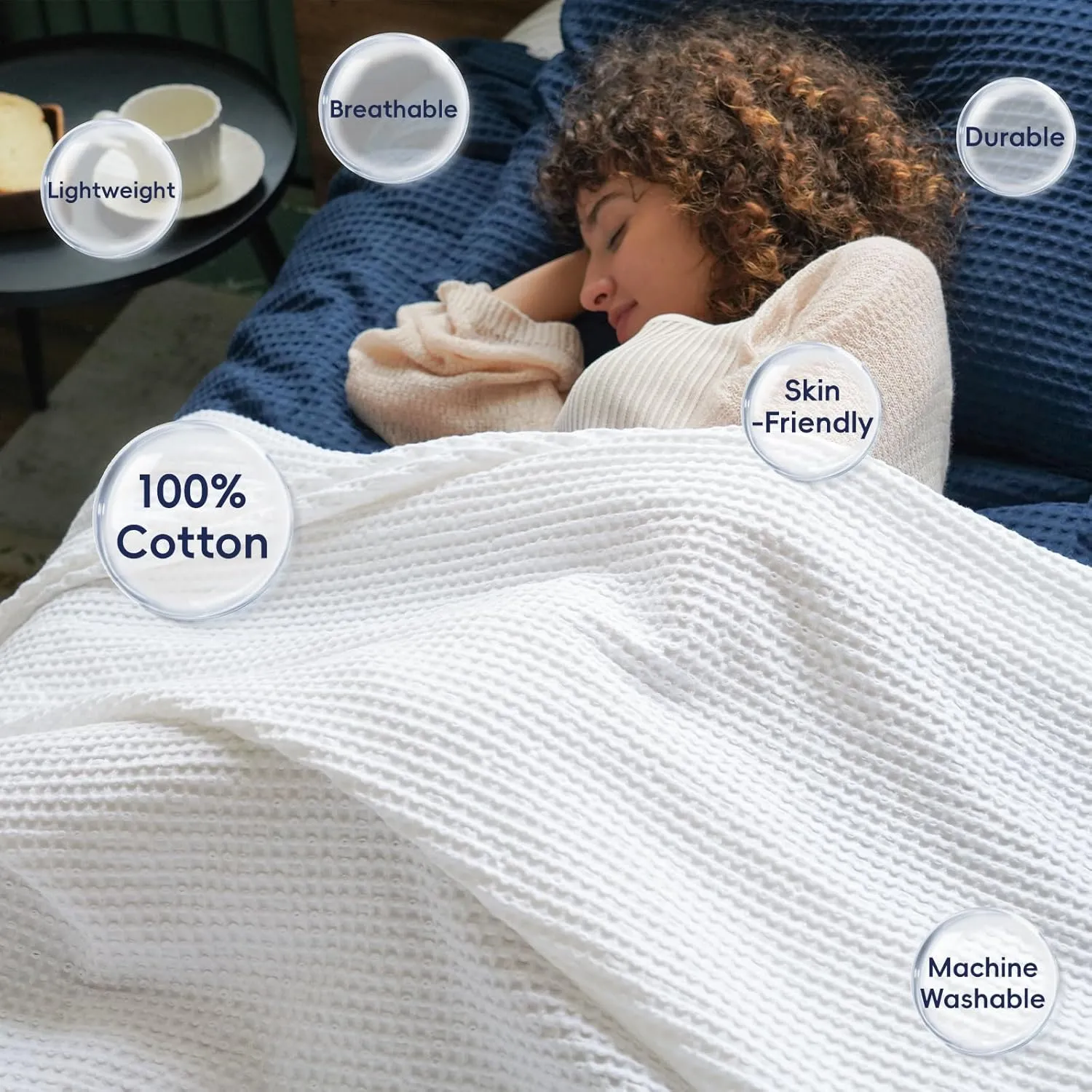 PHF Pre-Washed Cotton Waffle Weave Blanket Queen Size for Bed,Snag Proof Throw Blanket for Couch Spring Summer Lightweight Breathable,Oeko-TEX Certified,Machine Washable, Home Decor Gift-White