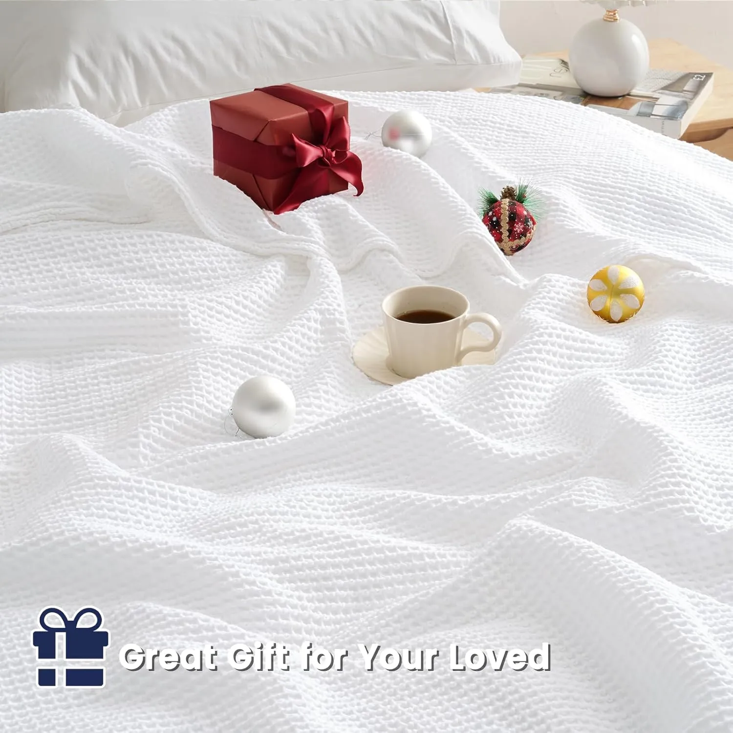 PHF Pre-Washed Cotton Waffle Weave Blanket Queen Size for Bed,Snag Proof Throw Blanket for Couch Spring Summer Lightweight Breathable,Oeko-TEX Certified,Machine Washable, Home Decor Gift-White