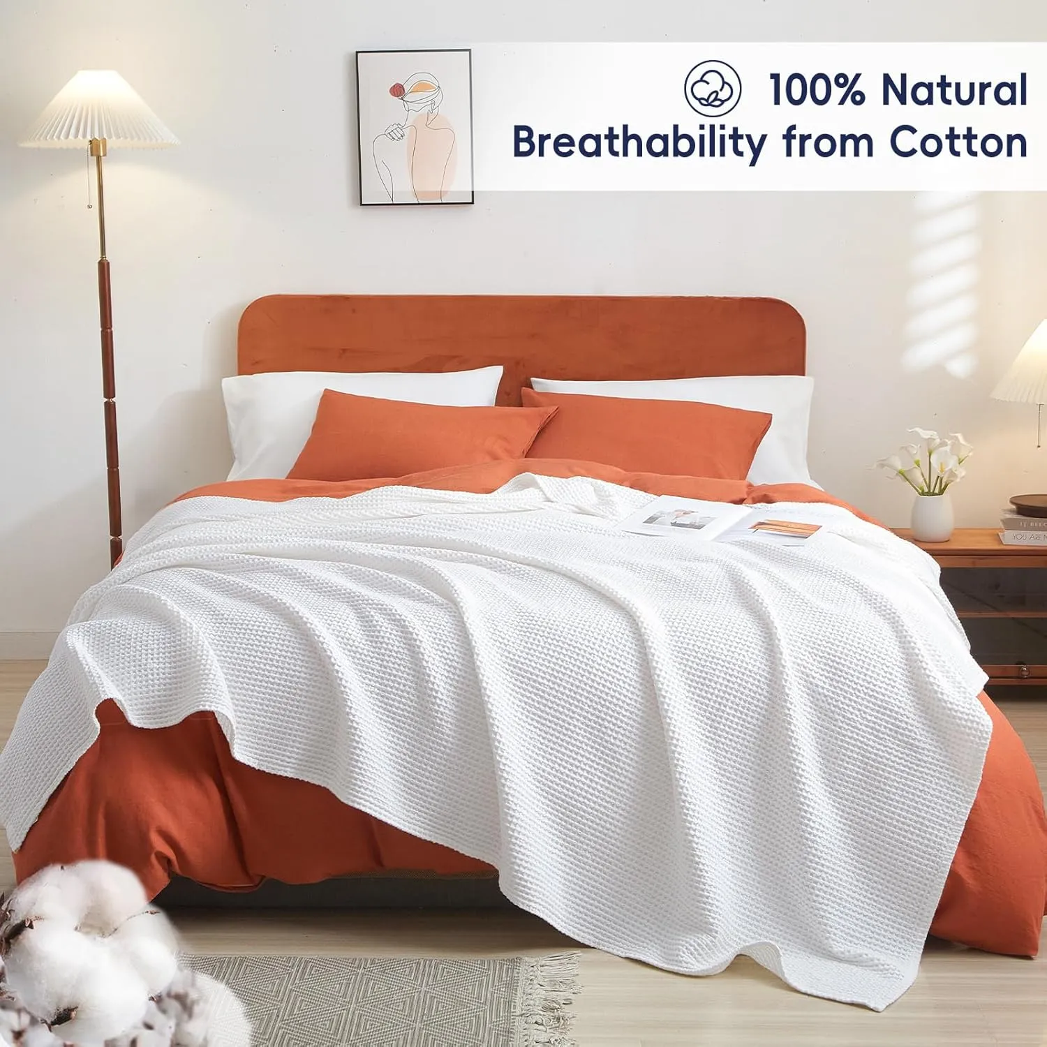 PHF Pre-Washed Cotton Waffle Weave Blanket Queen Size for Bed,Snag Proof Throw Blanket for Couch Spring Summer Lightweight Breathable,Oeko-TEX Certified,Machine Washable, Home Decor Gift-White