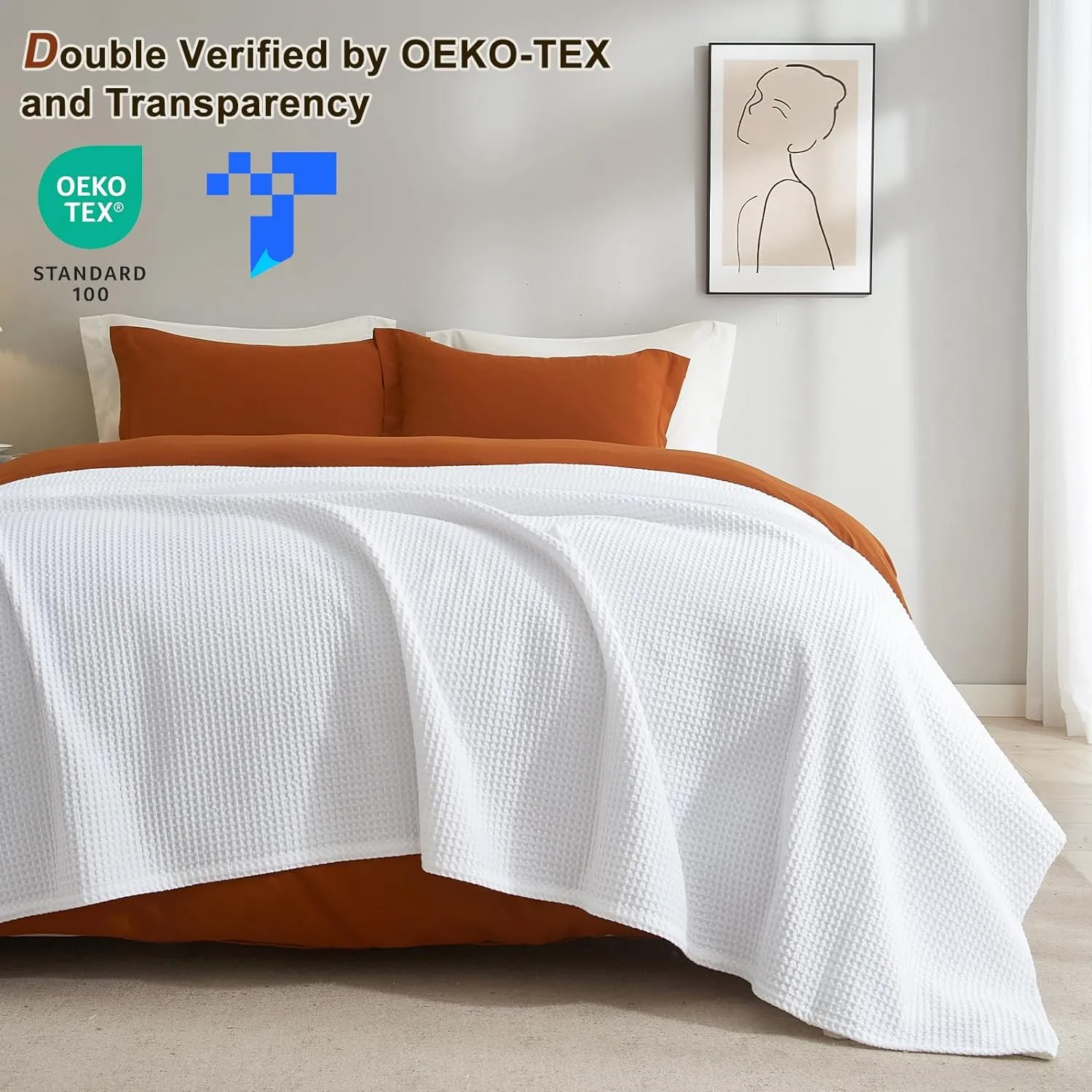 PHF Pre-Washed Cotton Waffle Weave Blanket Queen Size for Bed,Snag Proof Throw Blanket for Couch Spring Summer Lightweight Breathable,Oeko-TEX Certified,Machine Washable, Home Decor Gift-White