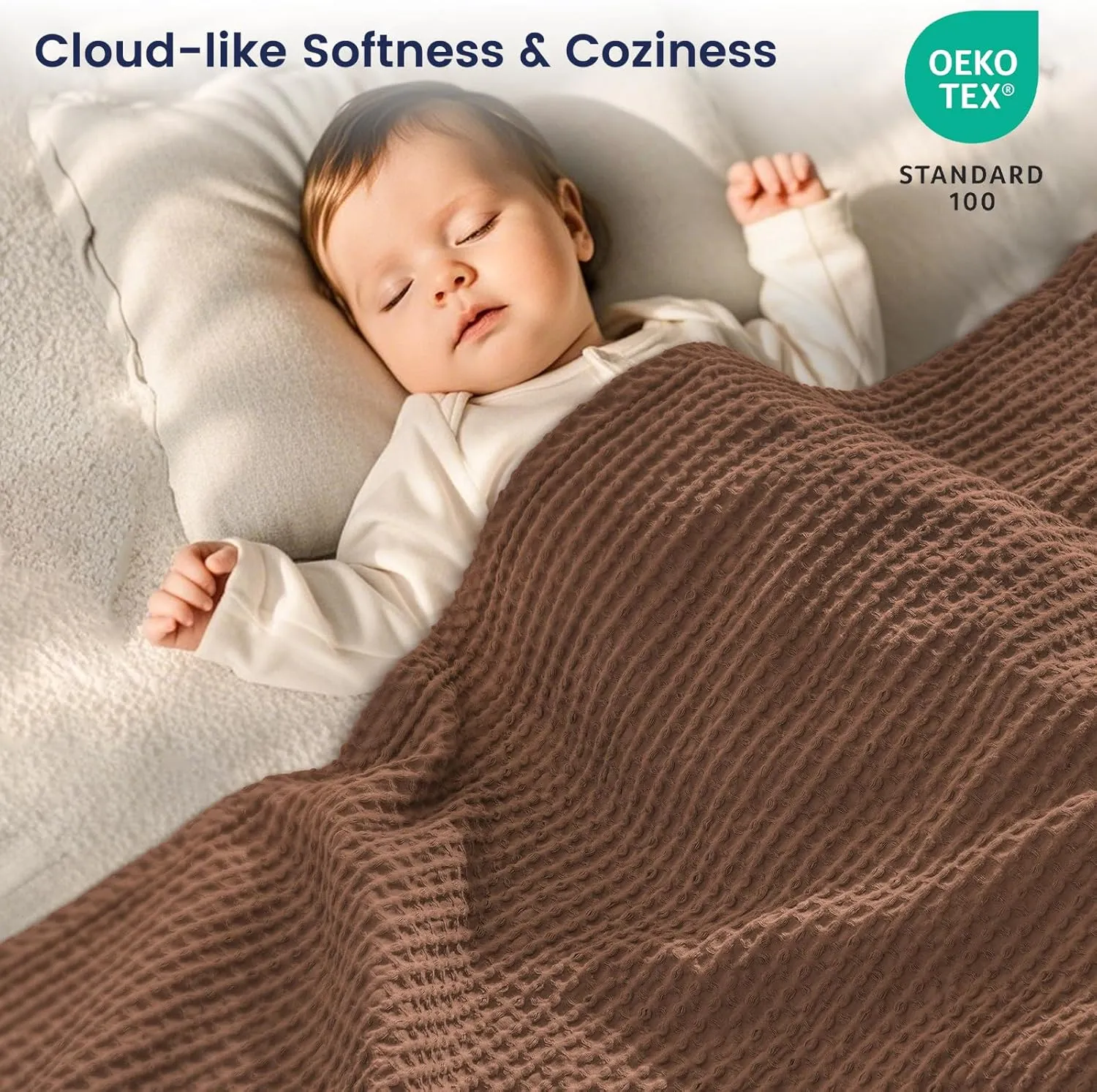 PHF Pre-Washed Cotton Waffle Weave Blanket Queen Size for Bed,Snag Proof Throw Blanket for Couch Spring Summer Lightweight Breathable,Oeko-TEX Certified,Machine Washable, Home Decor Gift，Cappuccino