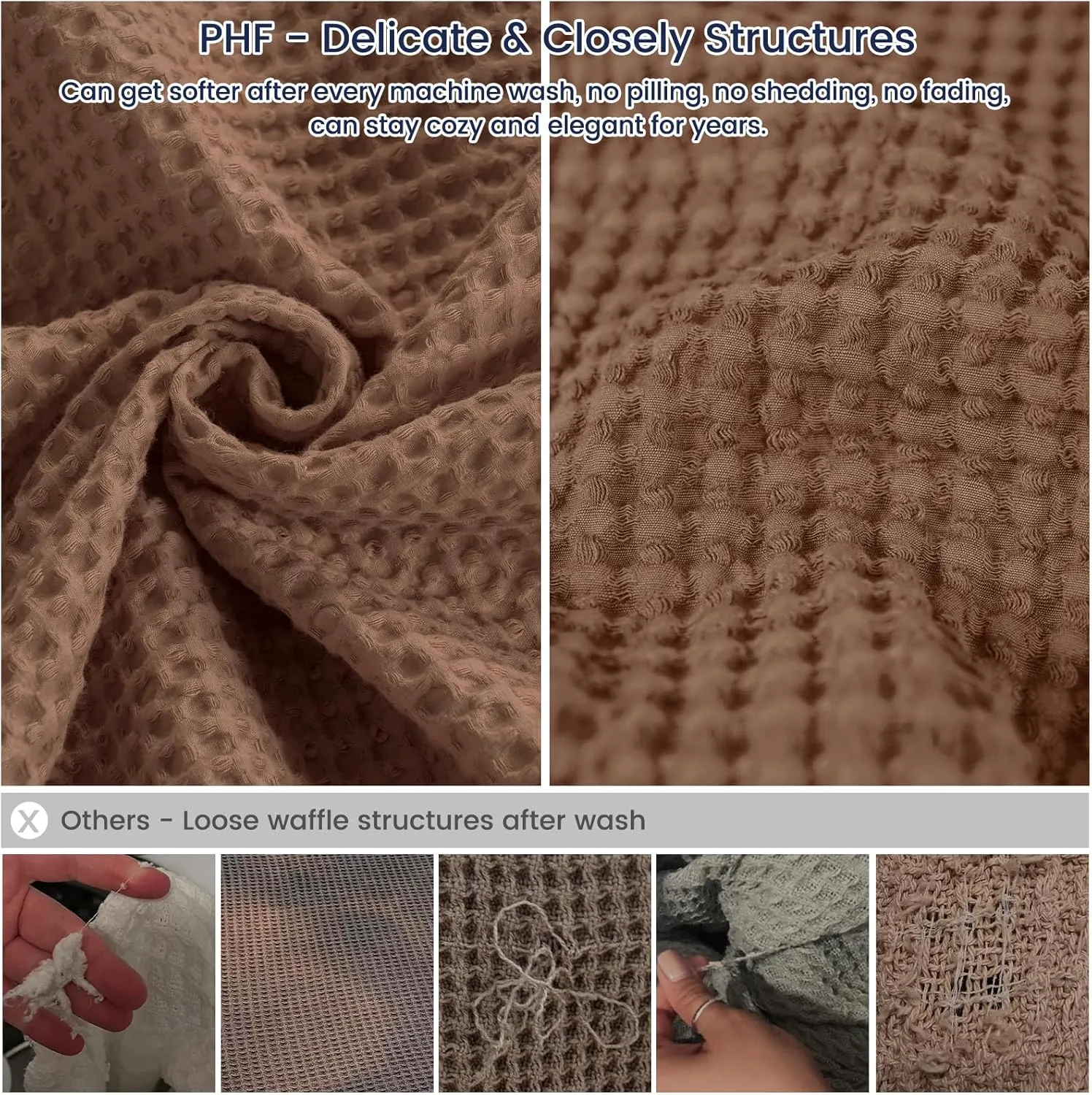 PHF Pre-Washed Cotton Waffle Weave Blanket Queen Size for Bed,Snag Proof Throw Blanket for Couch Spring Summer Lightweight Breathable,Oeko-TEX Certified,Machine Washable, Home Decor Gift，Cappuccino