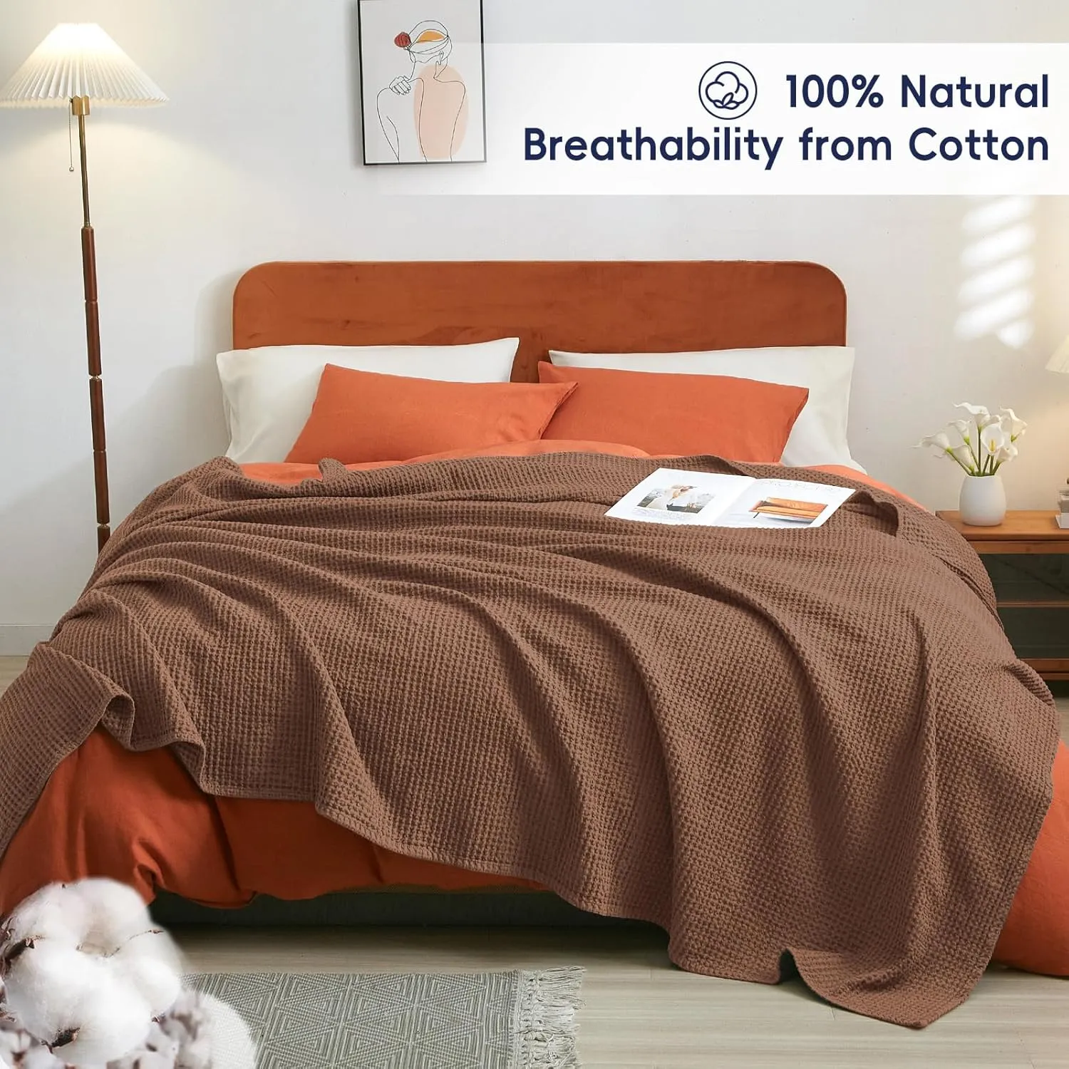 PHF Pre-Washed Cotton Waffle Weave Blanket Queen Size for Bed,Snag Proof Throw Blanket for Couch Spring Summer Lightweight Breathable,Oeko-TEX Certified,Machine Washable, Home Decor Gift，Cappuccino