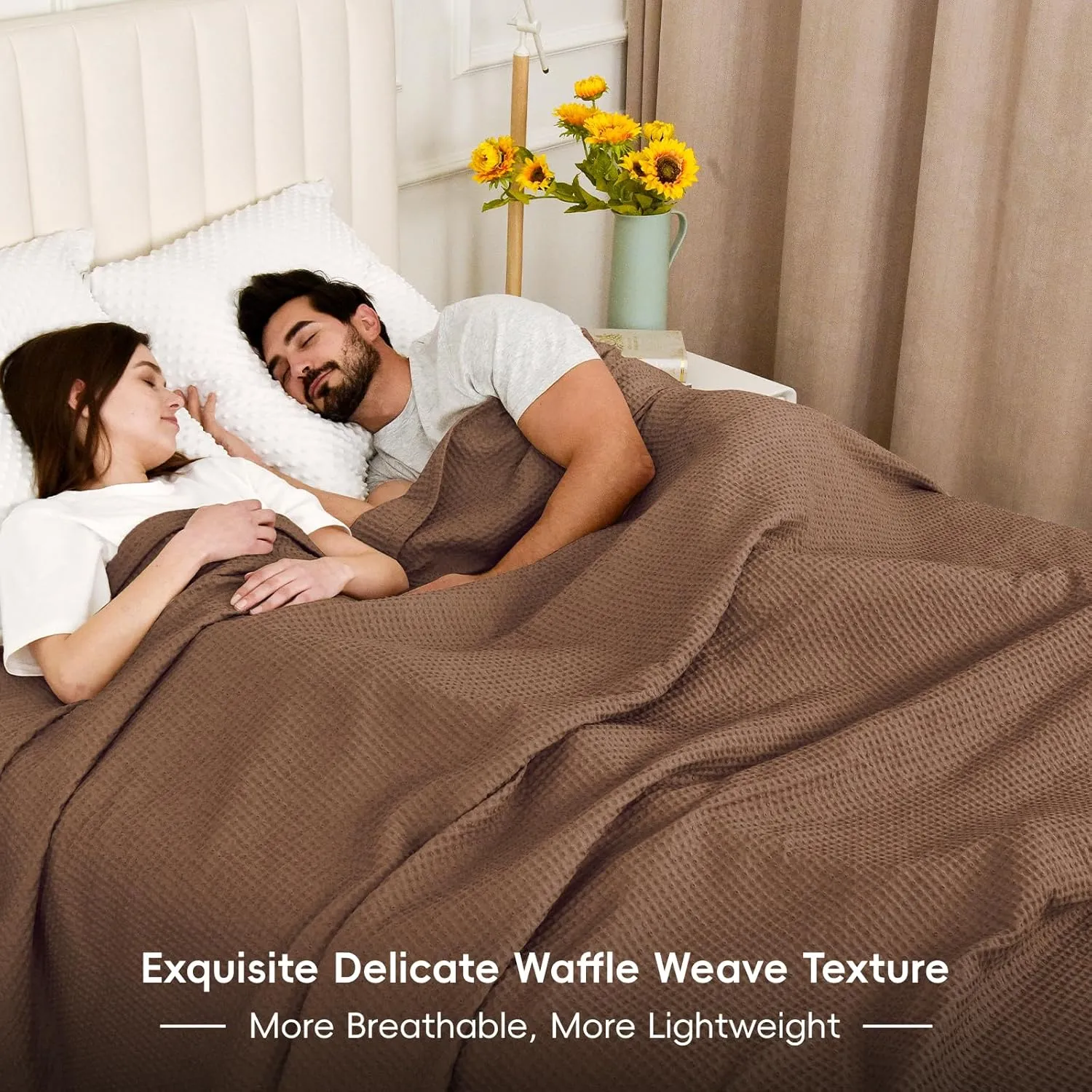 PHF Pre-Washed Cotton Waffle Weave Blanket Queen Size for Bed,Snag Proof Throw Blanket for Couch Spring Summer Lightweight Breathable,Oeko-TEX Certified,Machine Washable, Home Decor Gift，Cappuccino