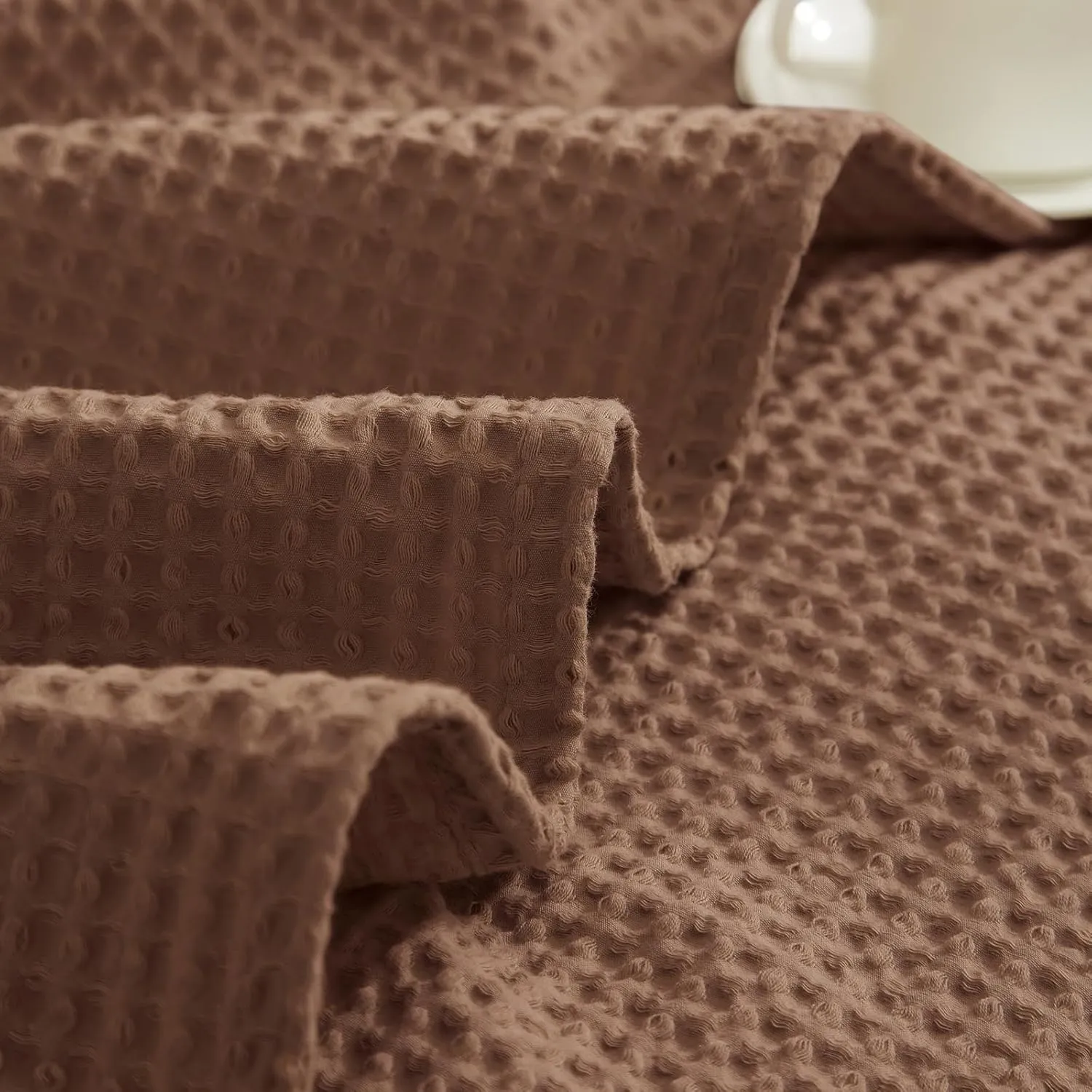 PHF Pre-Washed Cotton Waffle Weave Blanket Queen Size for Bed,Snag Proof Throw Blanket for Couch Spring Summer Lightweight Breathable,Oeko-TEX Certified,Machine Washable, Home Decor Gift，Cappuccino